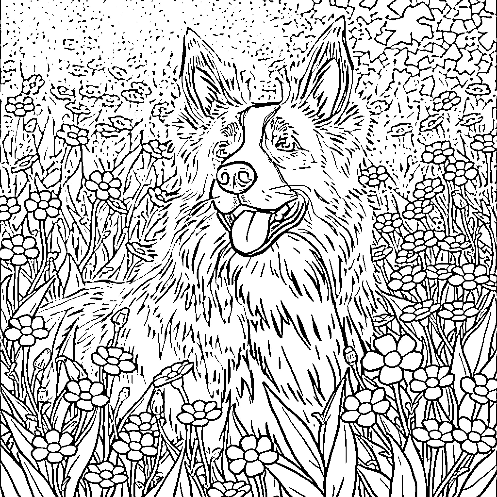 Border Collie enjoying the flowery meadow Coloring Page (free black-and-white line drawing printable PDF for all, from beginners to advanced learners, including children, teens, adults, and seniors)