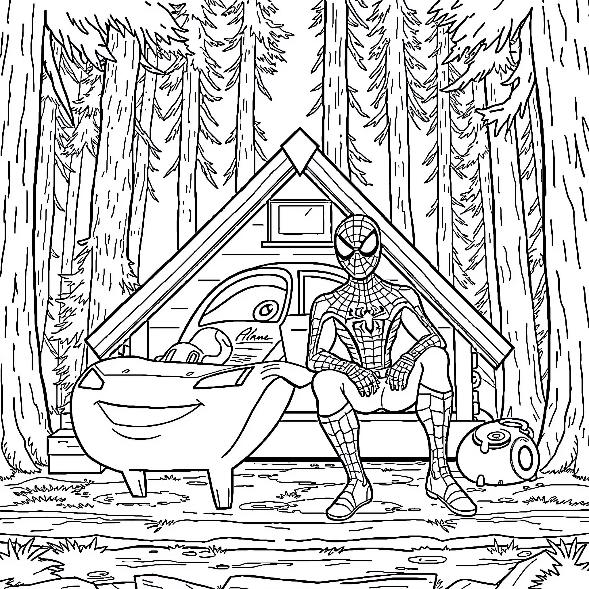 Flash McQueen's Superhero Adventure in the Enchanted Forest Coloring Page (free black-and-white line drawing printable PDF for all, from beginners to advanced learners, including children, teens, adults, and seniors)