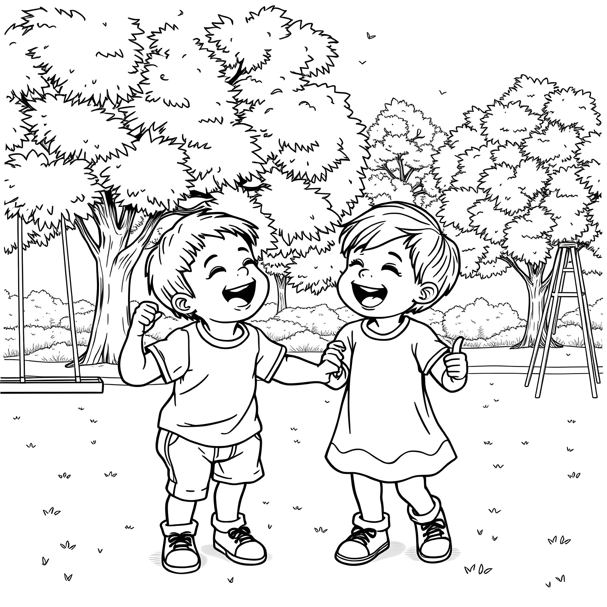Children playing happily in the park Coloring Page (free black-and-white line drawing printable PDF for all, from beginners to advanced learners, including children, teens, adults, and seniors)
