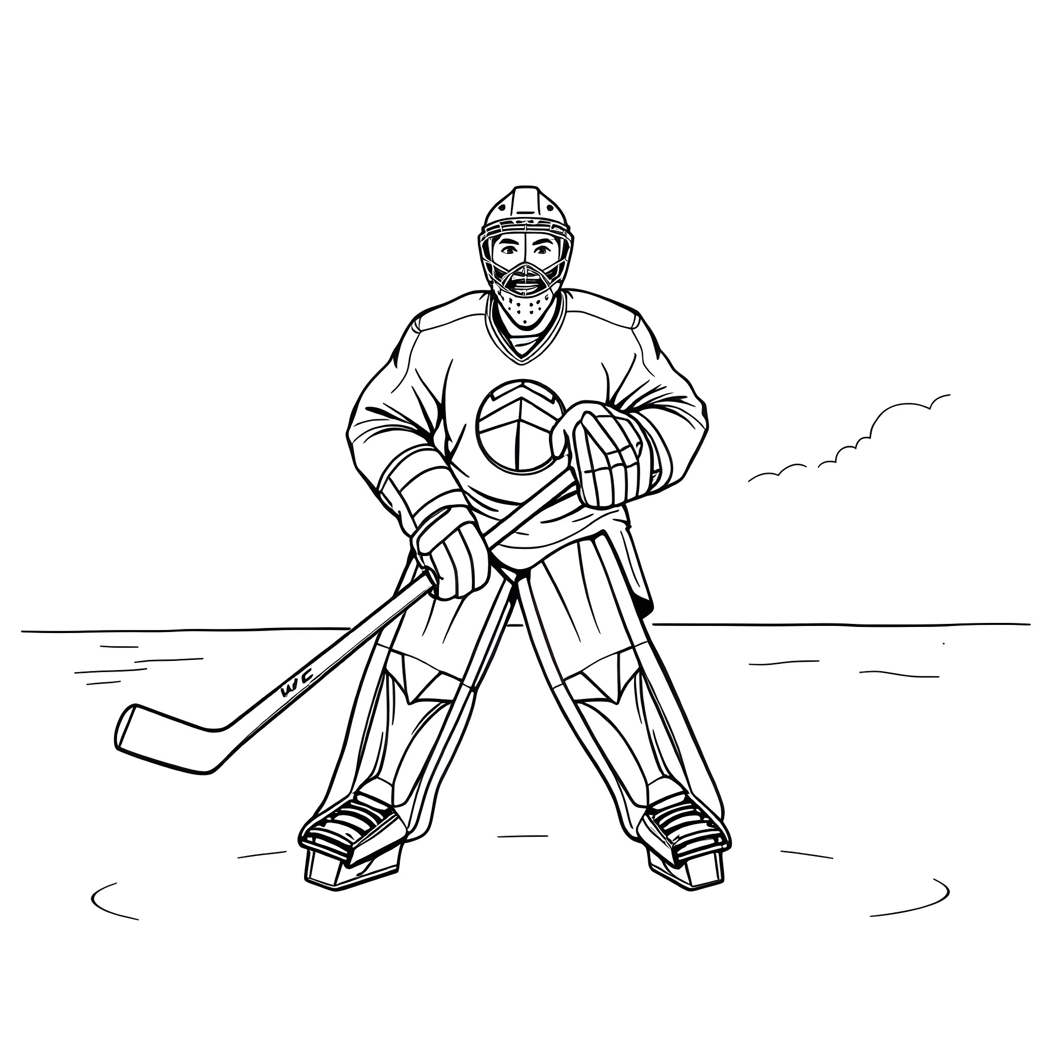 Hockey Goalie Protecting the Net Coloring Page (free black-and-white line drawing printable PDF for all, from beginners to advanced learners, including children, teens, adults, and seniors)