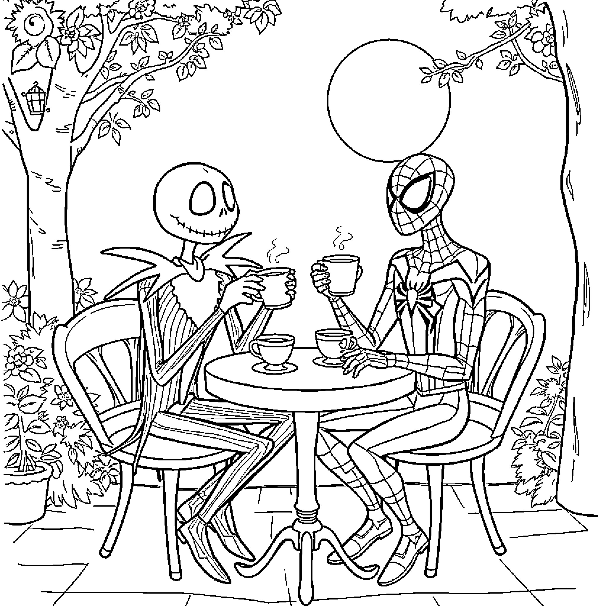 Jack Skellington and Spider-Man Enjoying Beverages Together Coloring Page (free black-and-white line drawing printable PDF for all, from beginners to advanced learners, including children, teens, adults, and seniors)