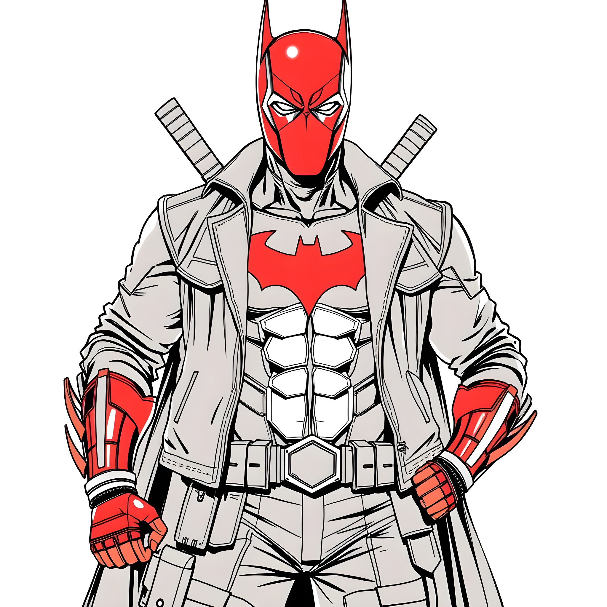Red Hood in Heroic Crimson Vigilante Pose Coloring Page (free black-and-white line drawing printable PDF for all, from beginners to advanced learners, including children, teens, adults, and seniors)