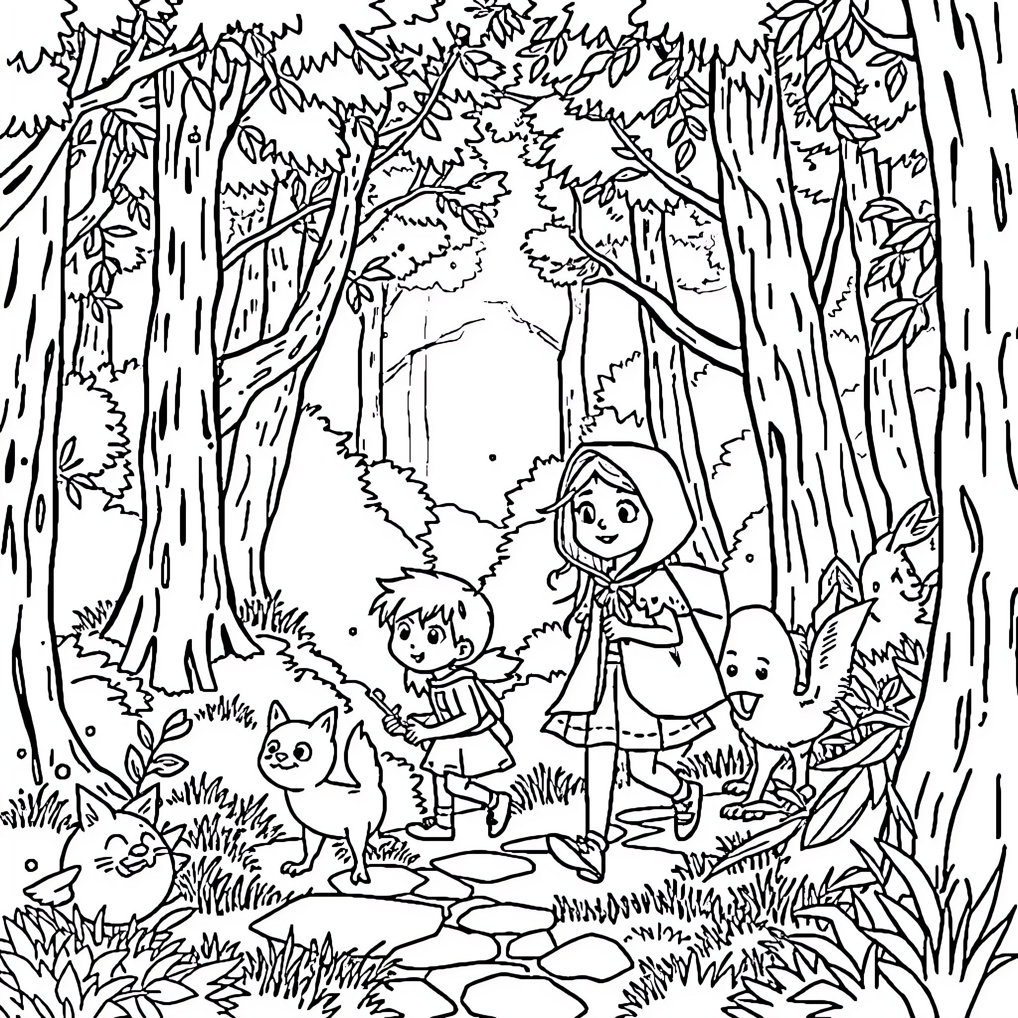 Red Riding Hood Exploring the Enchanted Forest Coloring Page (free black-and-white line drawing printable PDF for all, from beginners to advanced learners, including children, teens, adults, and seniors)