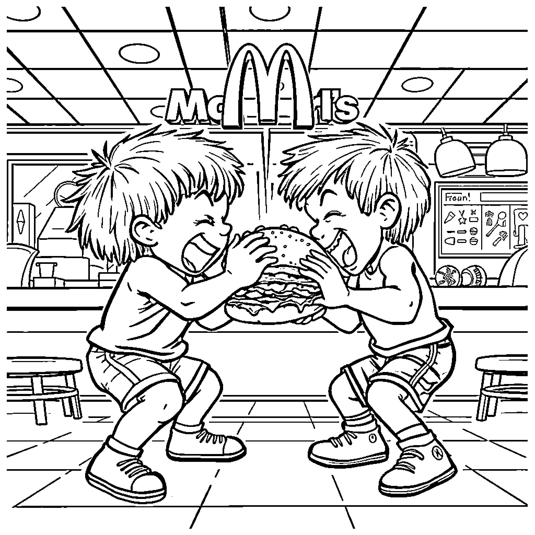 Midget friends enjoying burgers at a fast food joint Coloring Page (free black-and-white line drawing printable PDF for all, from beginners to advanced learners, including children, teens, adults, and seniors)