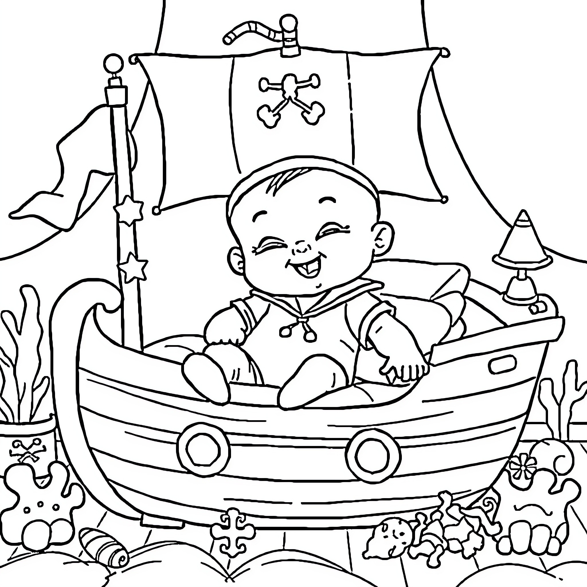 Baby Sailing on a Pirate Ship Coloring Page (free black-and-white line drawing printable PDF for all, from beginners to advanced learners, including children, teens, adults, and seniors)