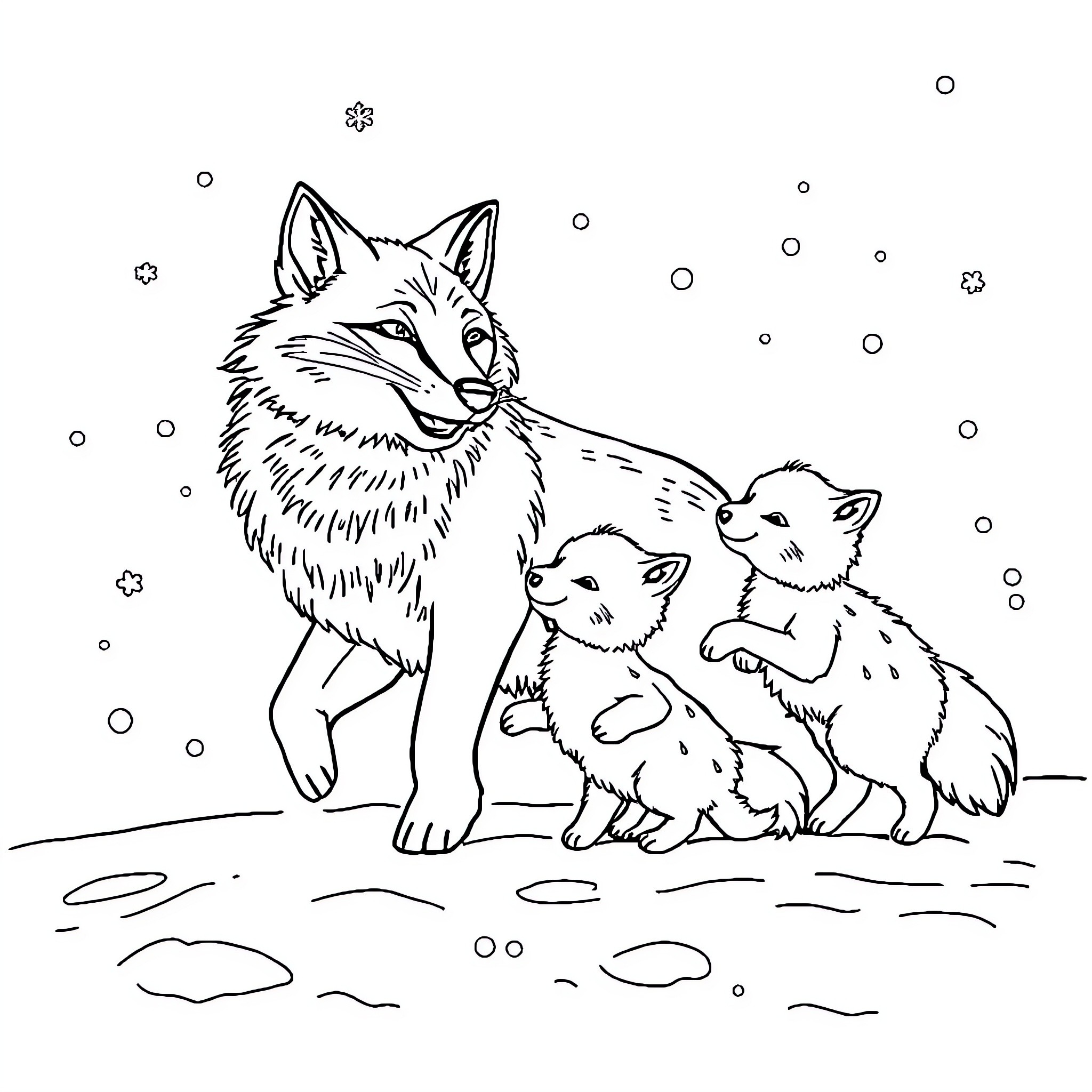 Fox and her baby foxes in the snow Coloring Page (free black-and-white line drawing printable PDF for all, from beginners to advanced learners, including children, teens, adults, and seniors)