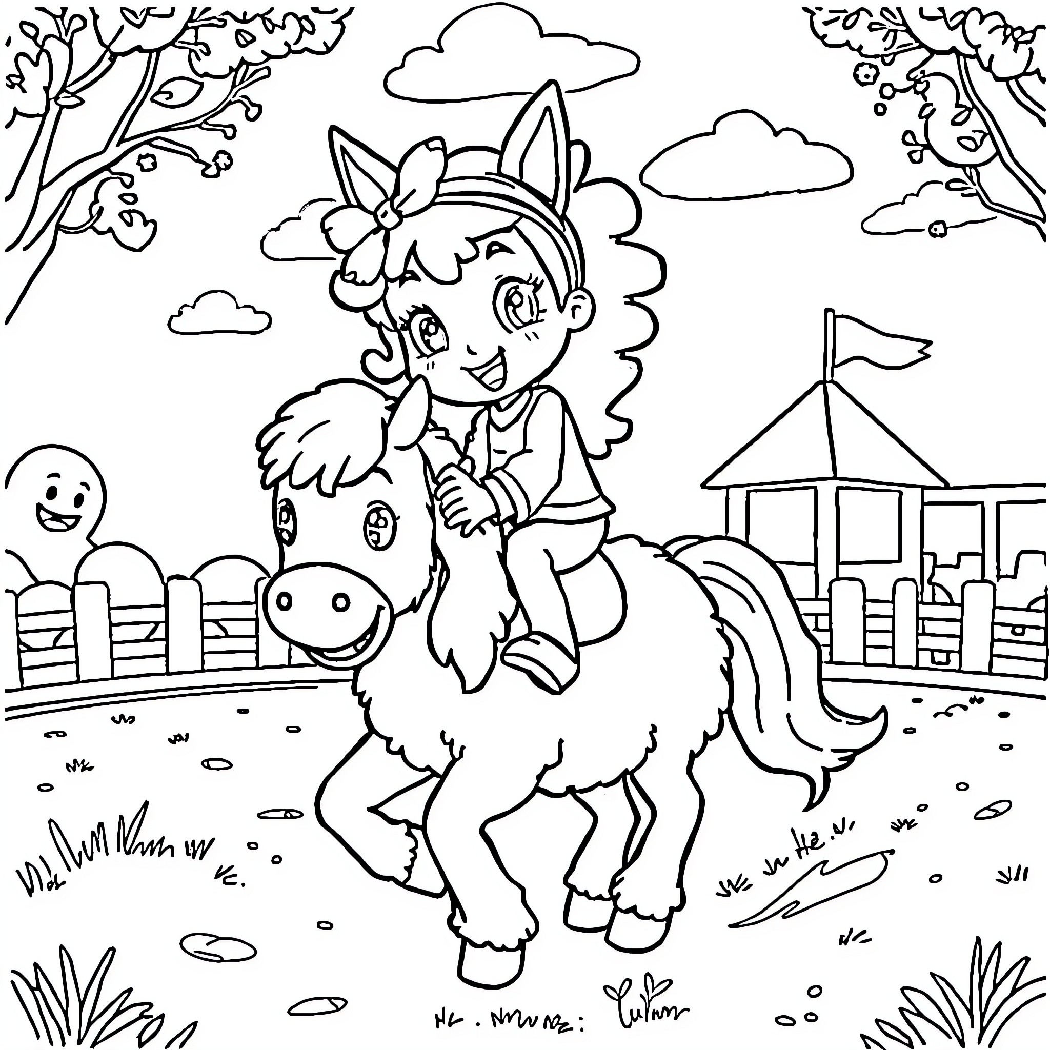 Rumi's Cheerful Ride on a Pony in the Countryside Coloring Page (free black-and-white line drawing printable PDF for all, from beginners to advanced learners, including children, teens, adults, and seniors)