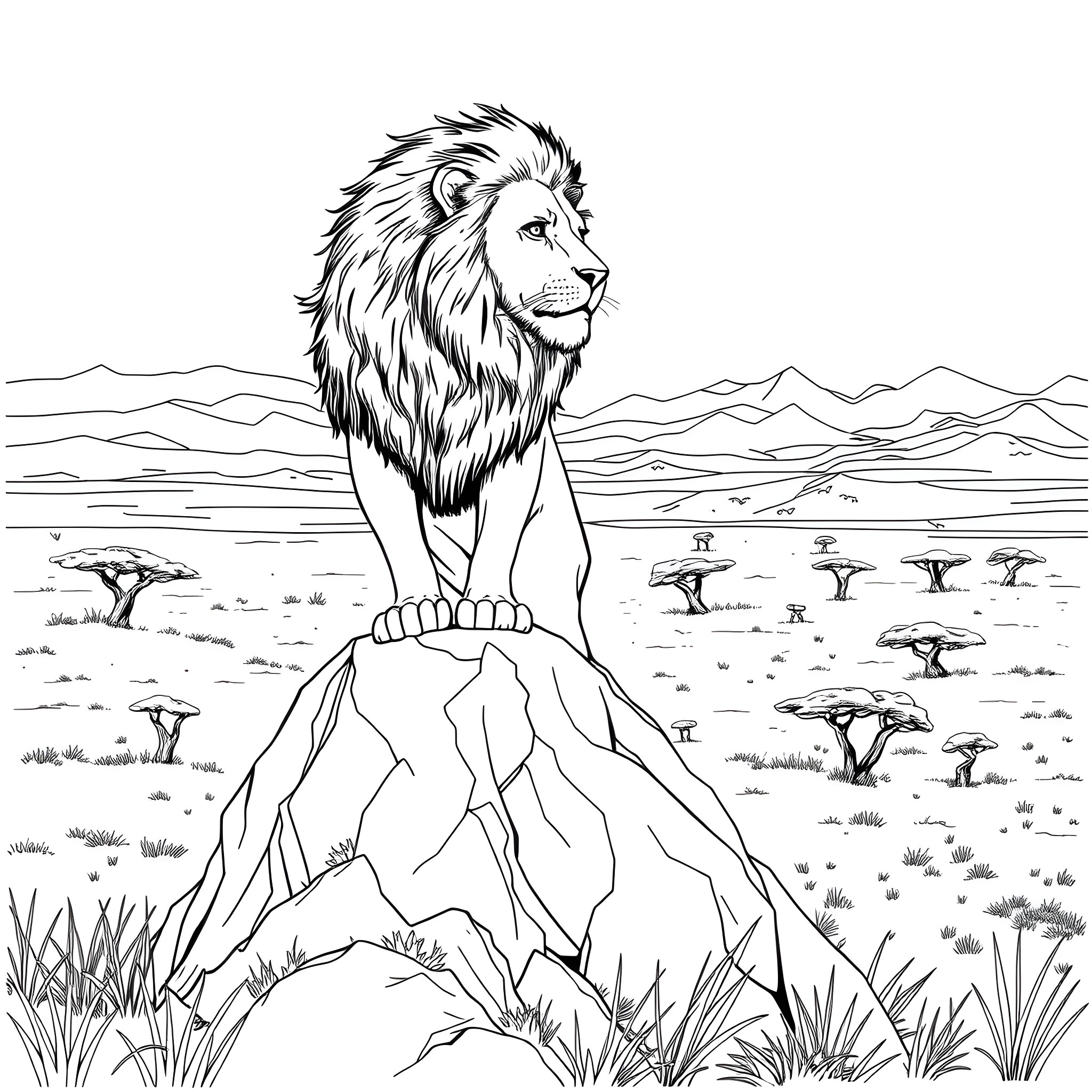 Lion standing majestically on a rocky outcrop Coloring Page (free black-and-white line drawing printable PDF for all, from beginners to advanced learners, including children, teens, adults, and seniors)