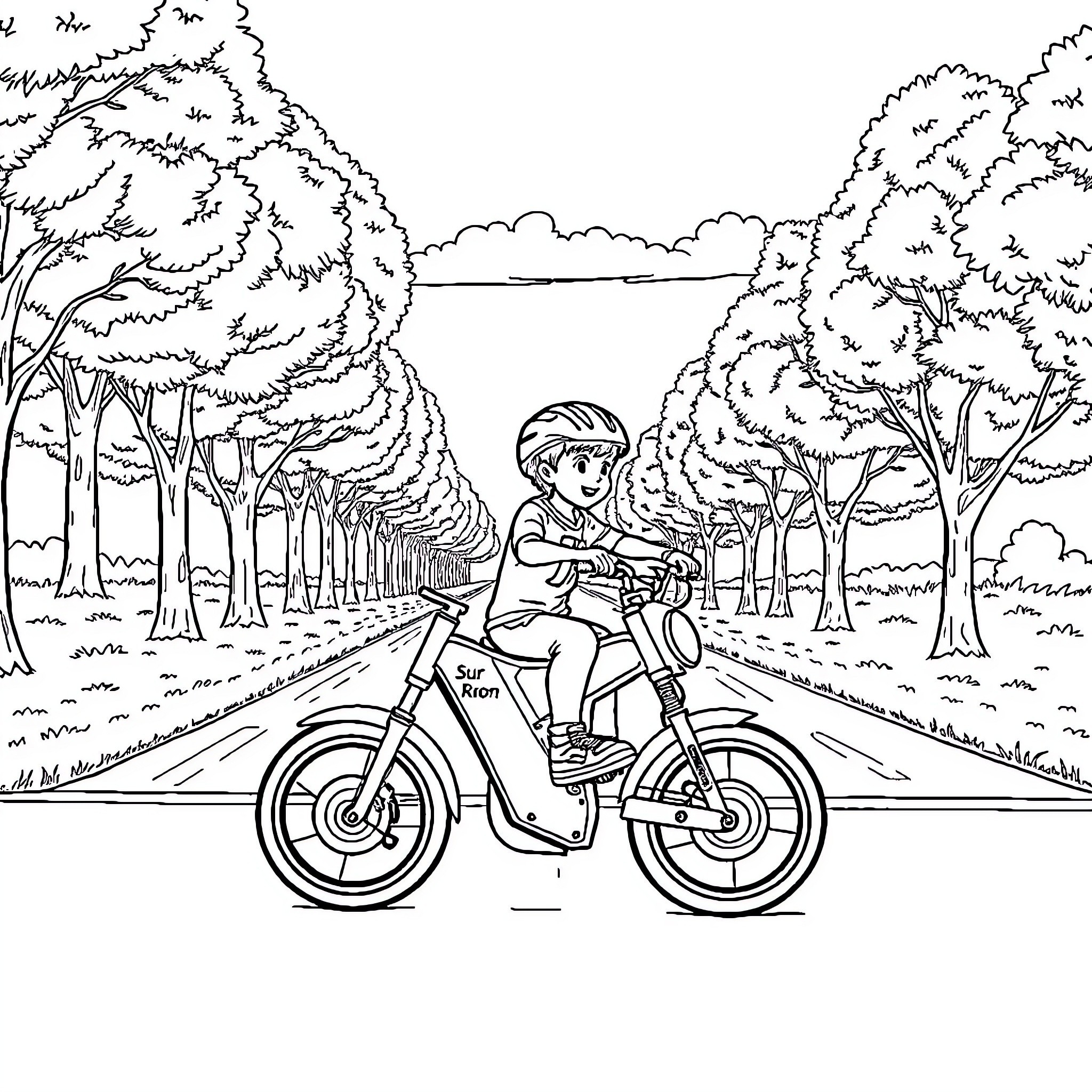 Kid riding bicycle on forest path Coloring Page (free black-and-white line drawing printable PDF for all, from beginners to advanced learners, including children, teens, adults, and seniors)
