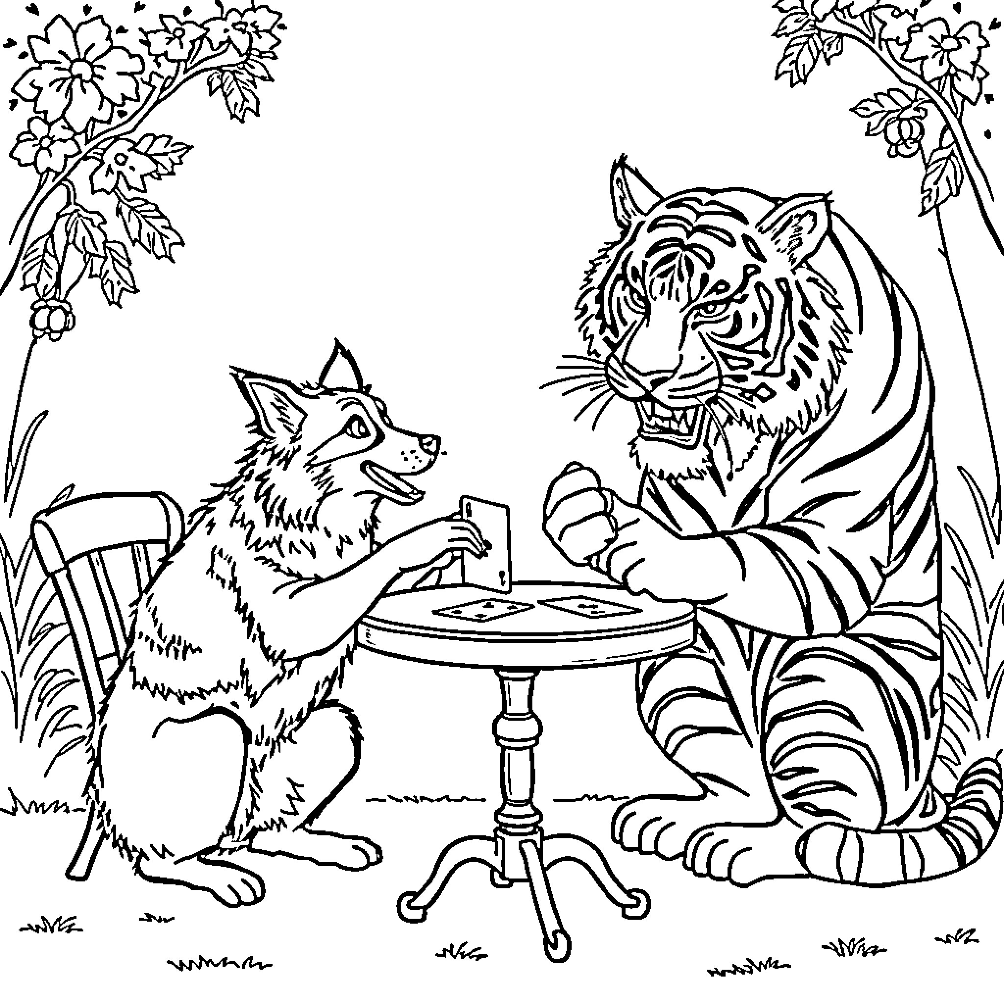 Border Collie and Tiger Sharing a Meal in Nature Coloring Page (free black-and-white line drawing printable PDF for all, from beginners to advanced learners, including children, teens, adults, and seniors)