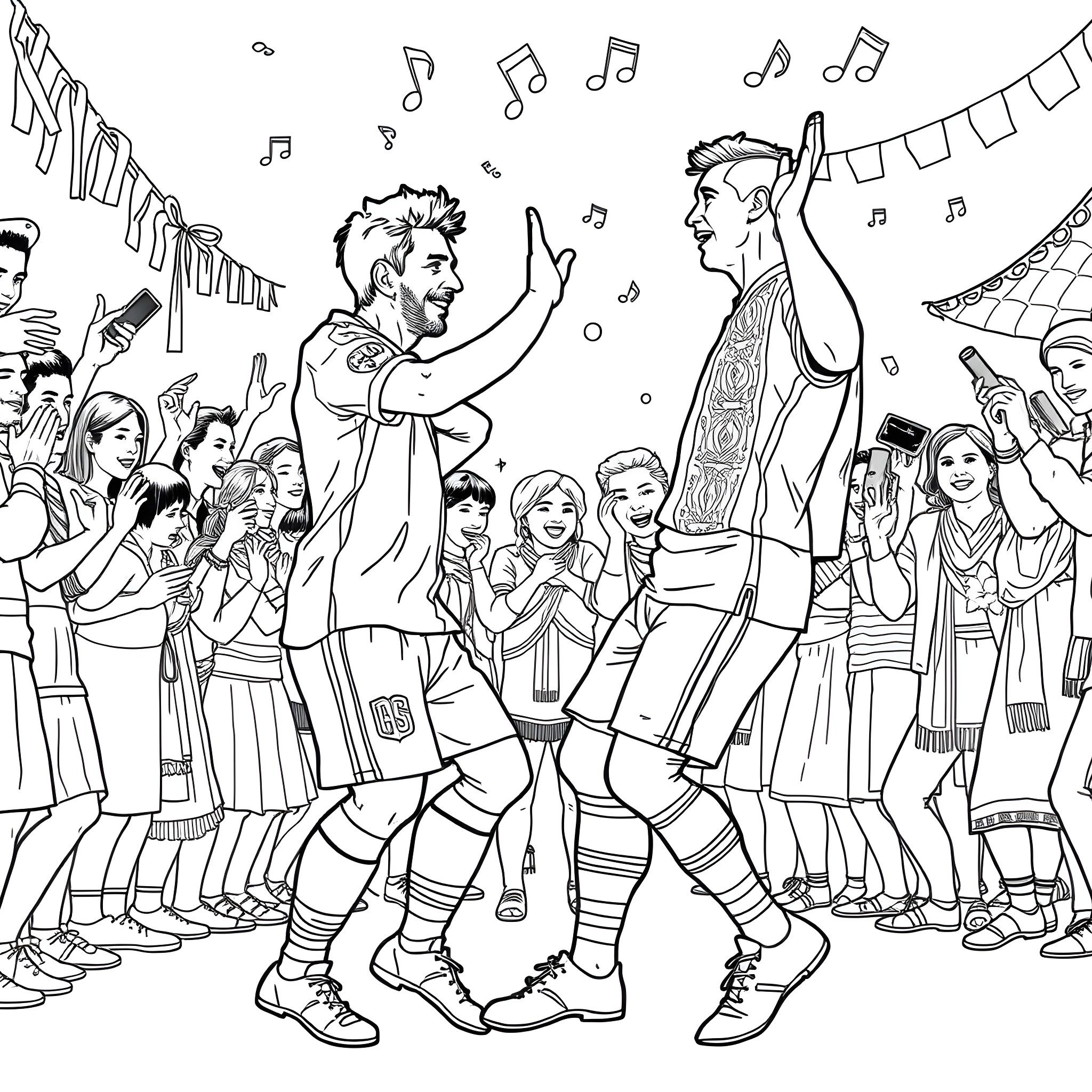 Messi and Ronaldo celebrate on the field with teammates Coloring Page (free black-and-white line drawing printable PDF for all, from beginners to advanced learners, including children, teens, adults, and seniors)