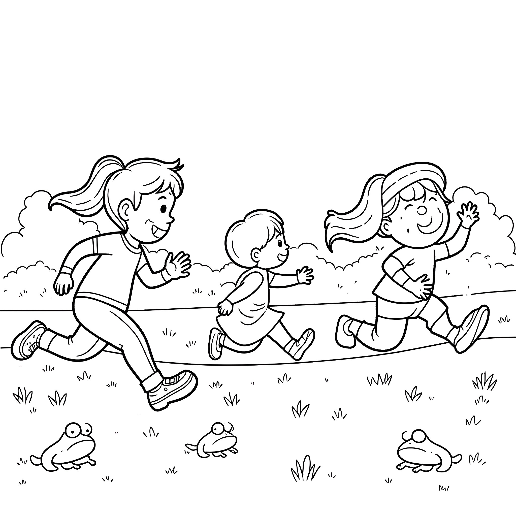 Kid running playfully with friends and pets Coloring Page (free black-and-white line drawing printable PDF for all, from beginners to advanced learners, including children, teens, adults, and seniors)