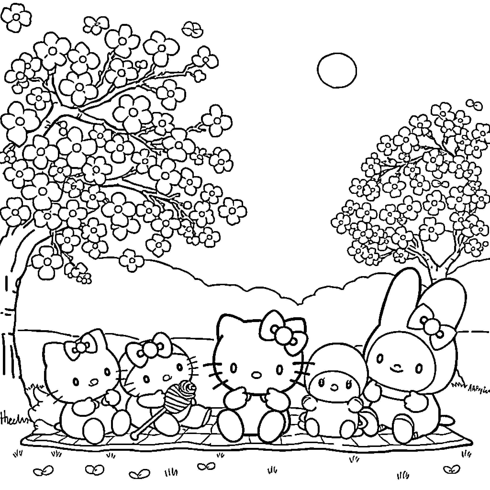 Hello Kitty and Friends Enjoying Nature Coloring Page (free black-and-white line drawing printable PDF for all, from beginners to advanced learners, including children, teens, adults, and seniors)