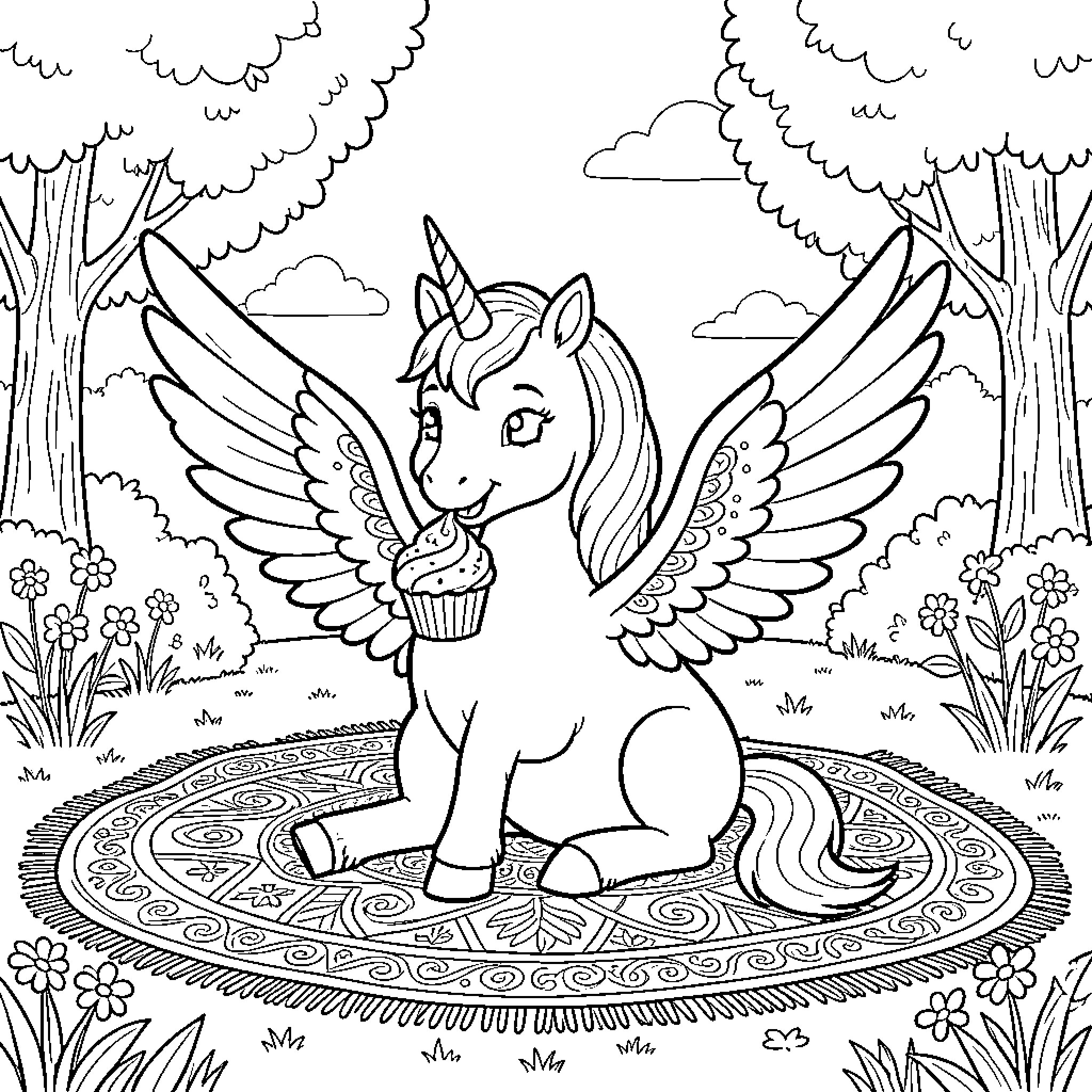 Unicorn Resting in the Magical Forest Coloring Page (free black-and-white line drawing printable PDF for all, from beginners to advanced learners, including children, teens, adults, and seniors)