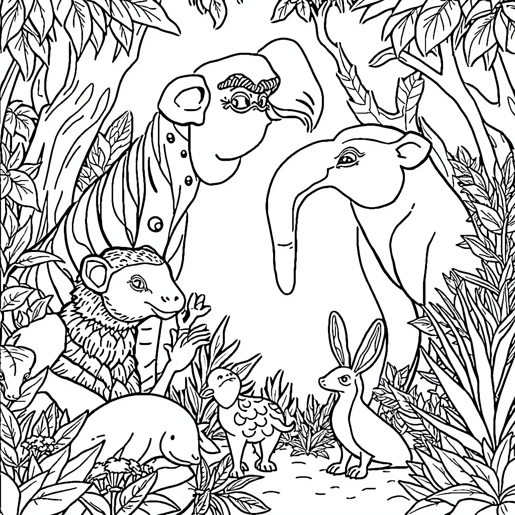 Animal friends in a forest scene Coloring Page (free black-and-white line drawing printable PDF for all, from beginners to advanced learners, including children, teens, adults, and seniors)