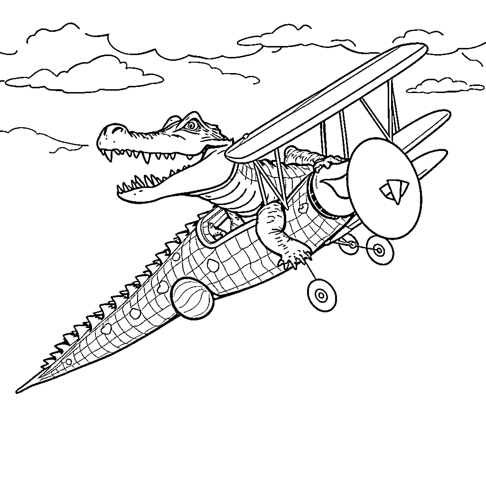 Alligator piloting a biplane in the sky Coloring Page (free black-and-white line drawing printable PDF for all, from beginners to advanced learners, including children, teens, adults, and seniors)