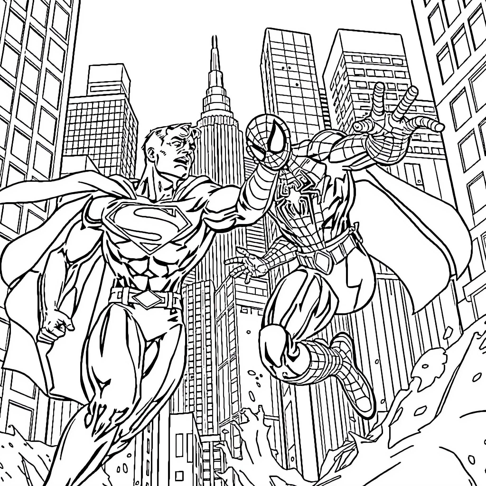 Superman and Spider-Man in Metropolis adventure Coloring Page (free black-and-white line drawing printable PDF for all, from beginners to advanced learners, including children, teens, adults, and seniors)