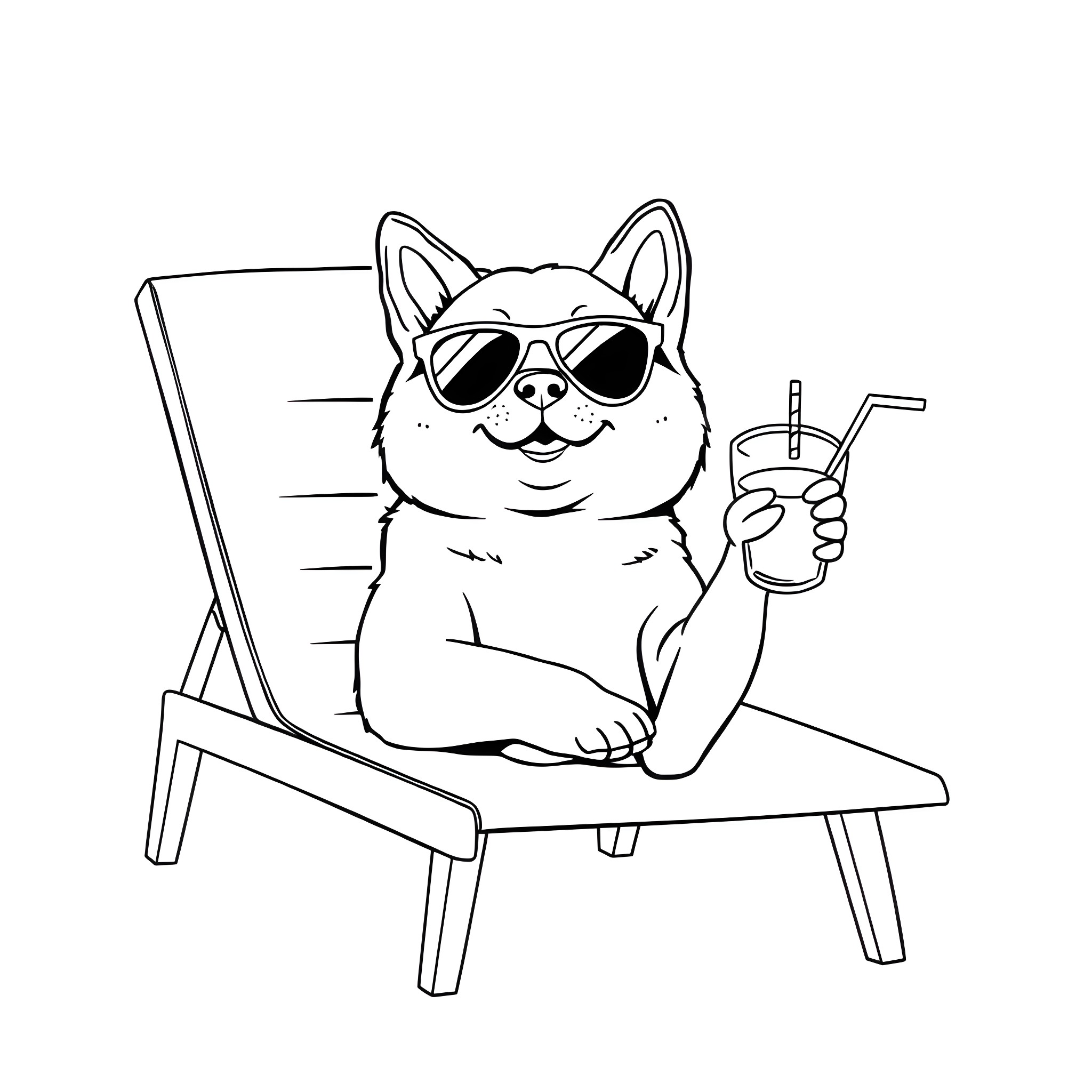 Shiba Inu enjoying a drink on a lounge chair Coloring Page (free black-and-white line drawing printable PDF for all, from beginners to advanced learners, including children, teens, adults, and seniors)