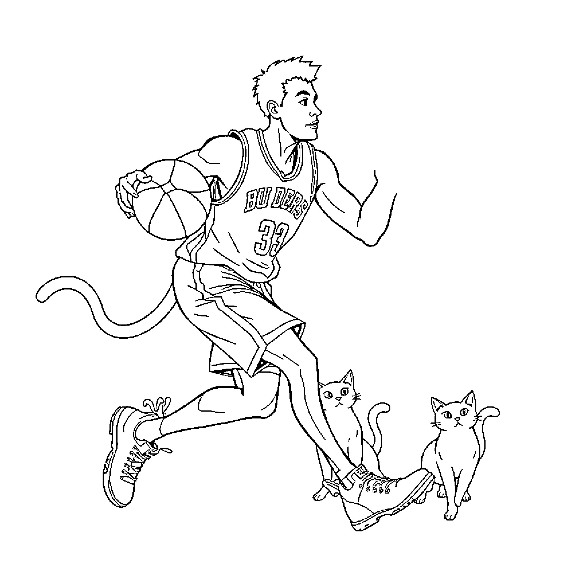 Basketball Player Running with Ball and Cats Coloring Page (free black-and-white line drawing printable PDF for all, from beginners to advanced learners, including children, teens, adults, and seniors)