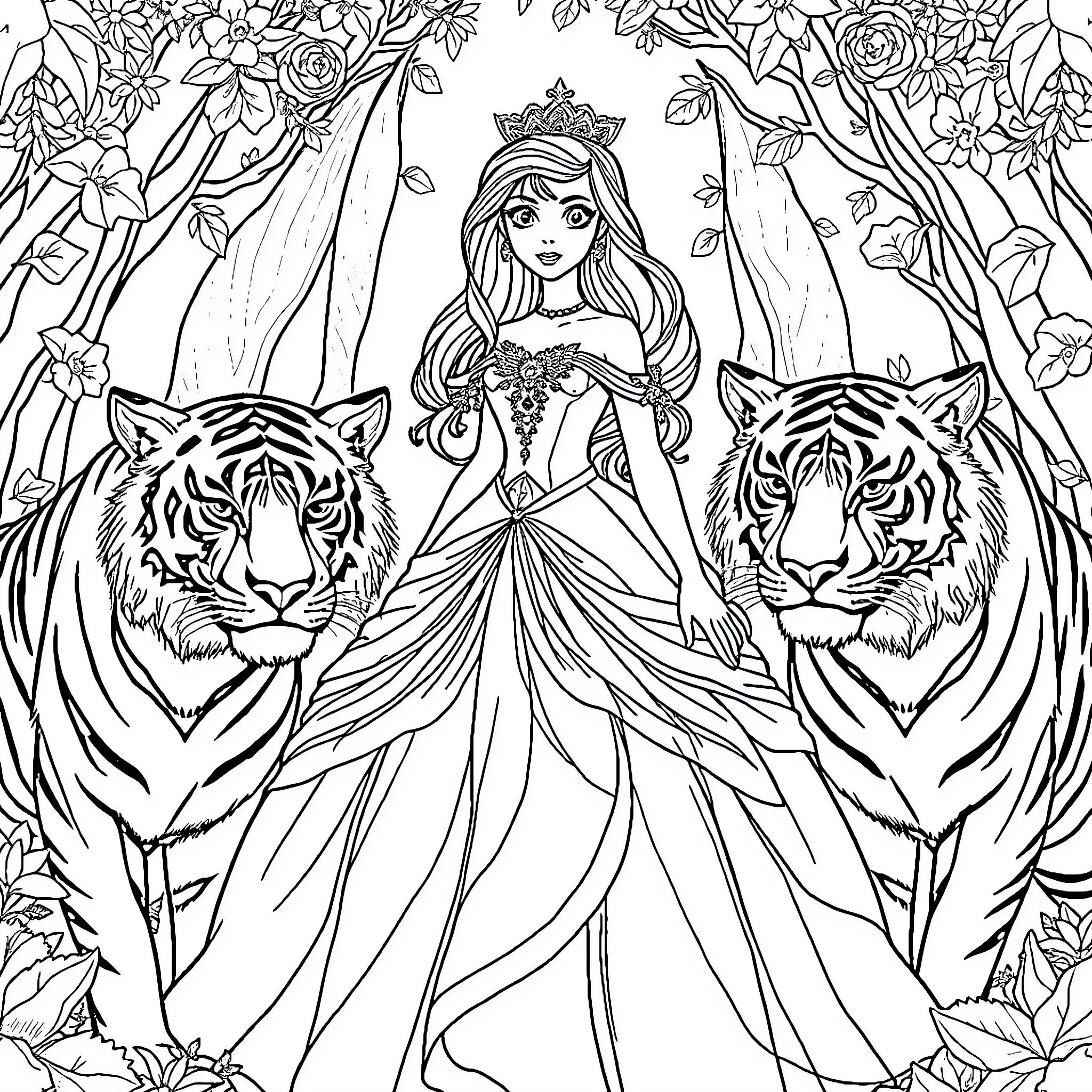 Princess in Enchanted Forest with Majestic Tigers Coloring Page (free black-and-white line drawing printable PDF for all, from beginners to advanced learners, including children, teens, adults, and seniors)