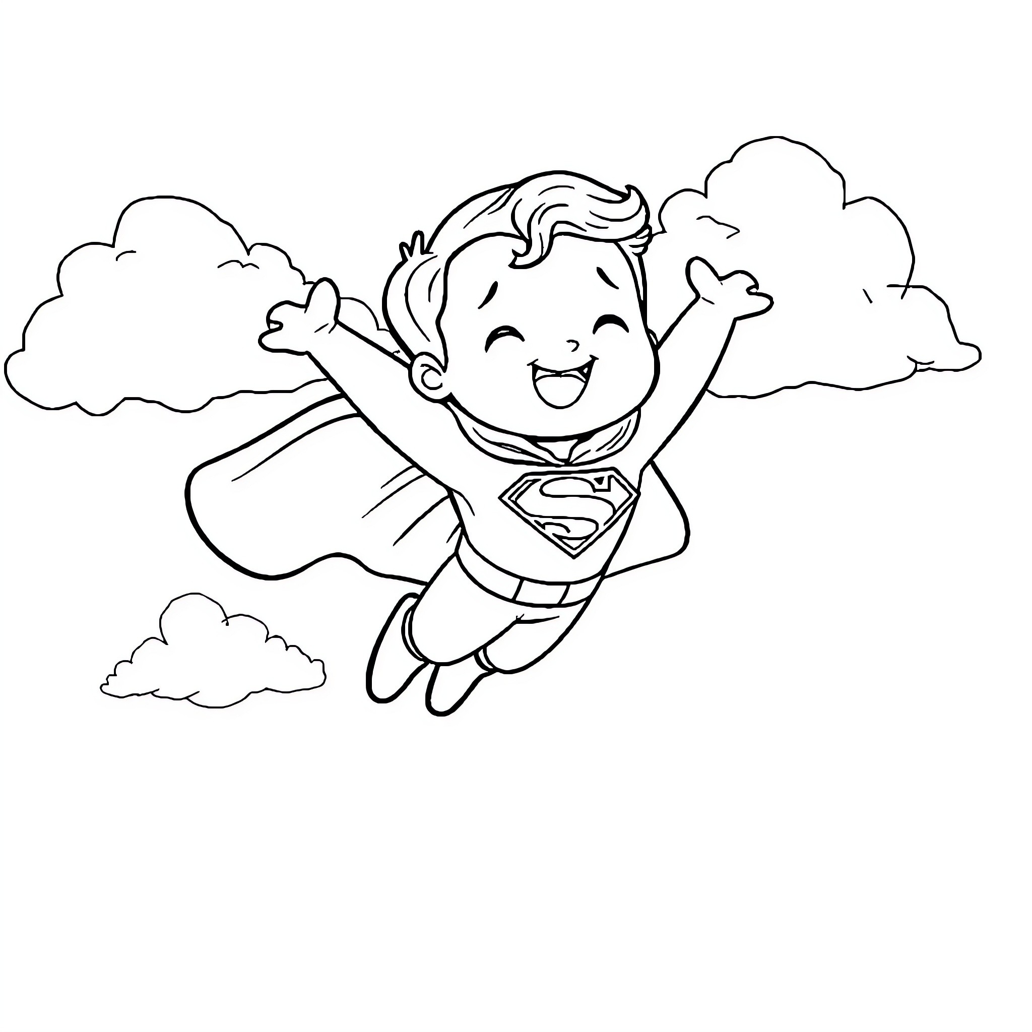 Superman flying joyfully through the clouds Coloring Page (free black-and-white line drawing printable PDF for all, from beginners to advanced learners, including children, teens, adults, and seniors)