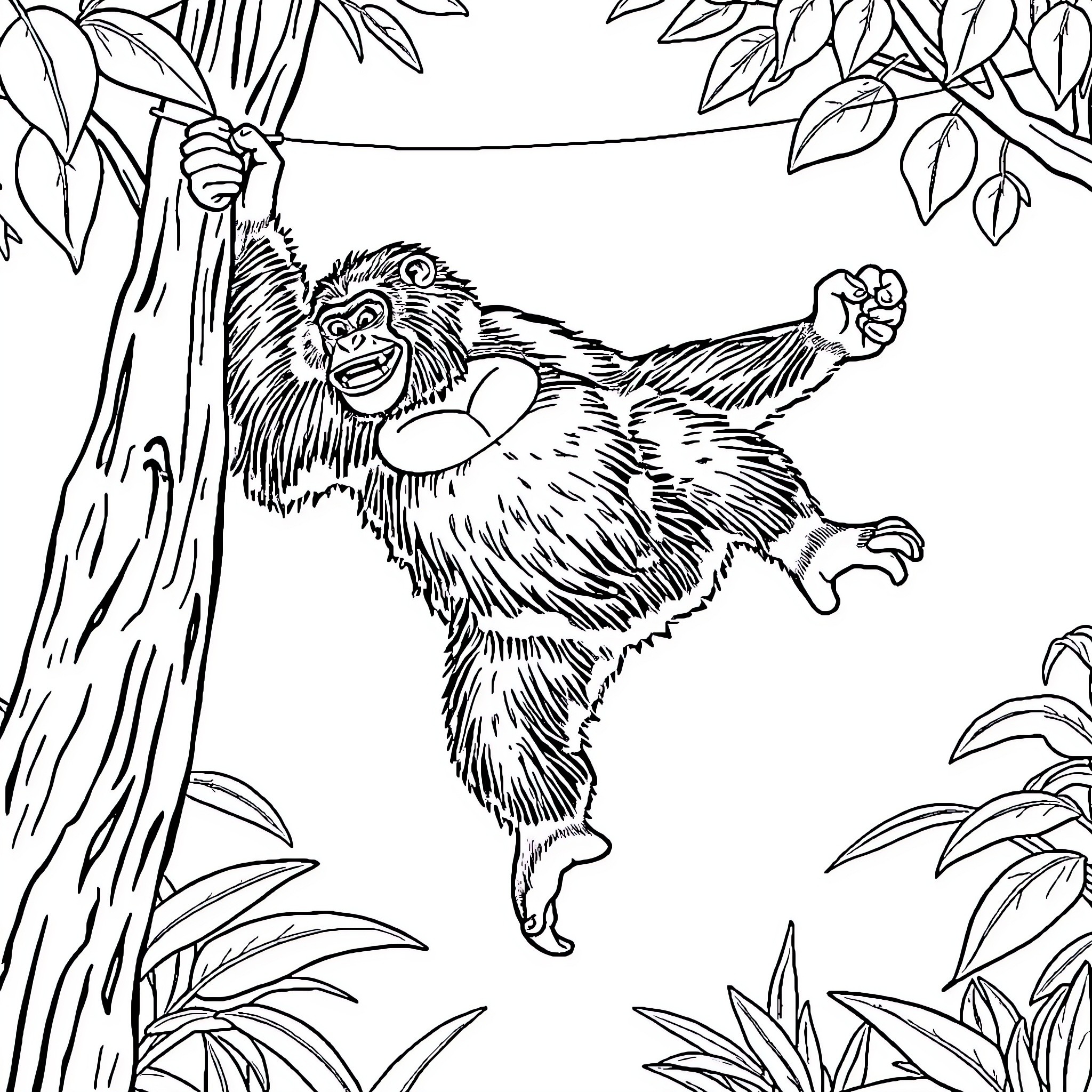 Gorilla swinging joyfully in the lush jungle Coloring Page (free black-and-white line drawing printable PDF for all, from beginners to advanced learners, including children, teens, adults, and seniors)