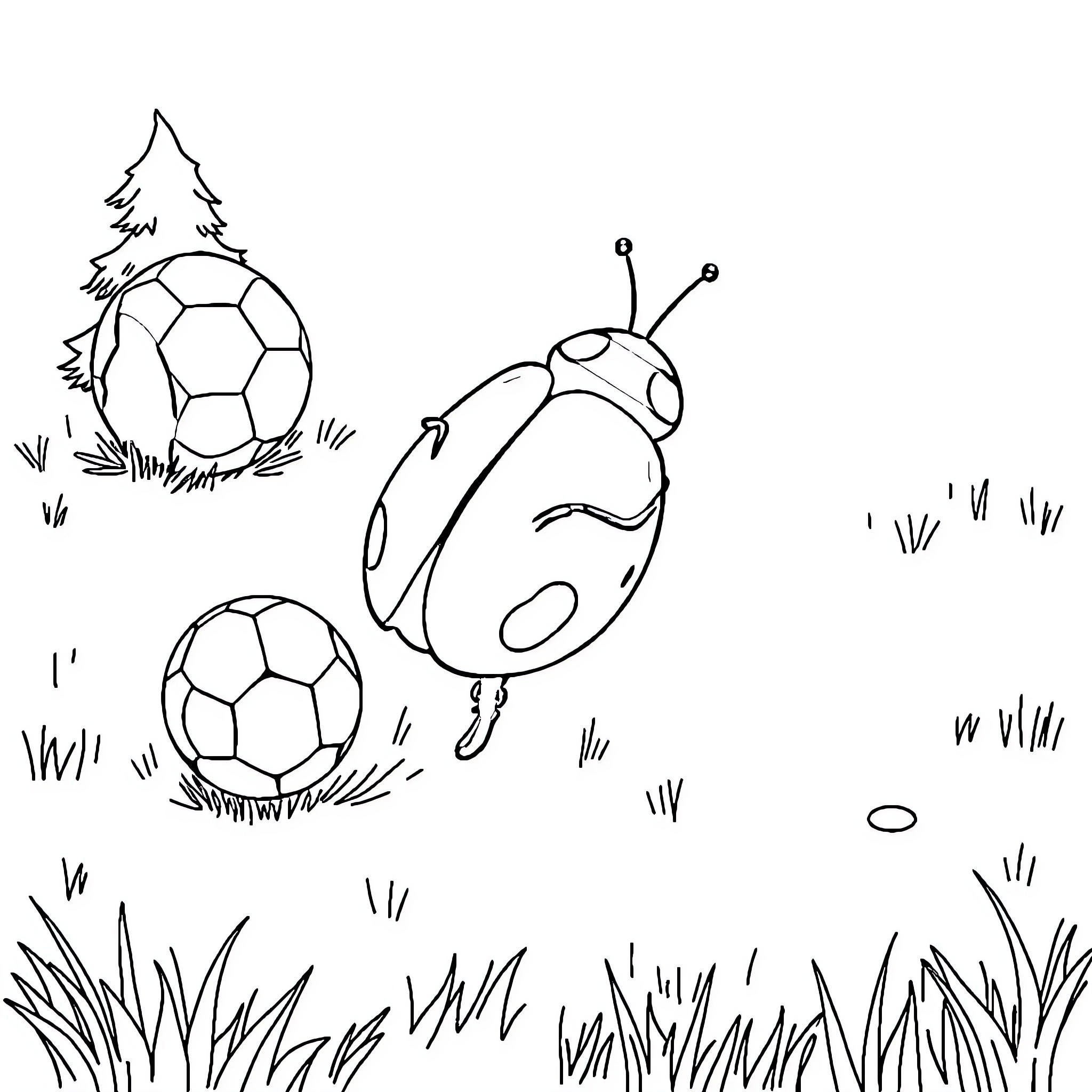 Ladybug exploring playful soccer balls in nature Coloring Page (free black-and-white line drawing printable PDF for all, from beginners to advanced learners, including children, teens, adults, and seniors)