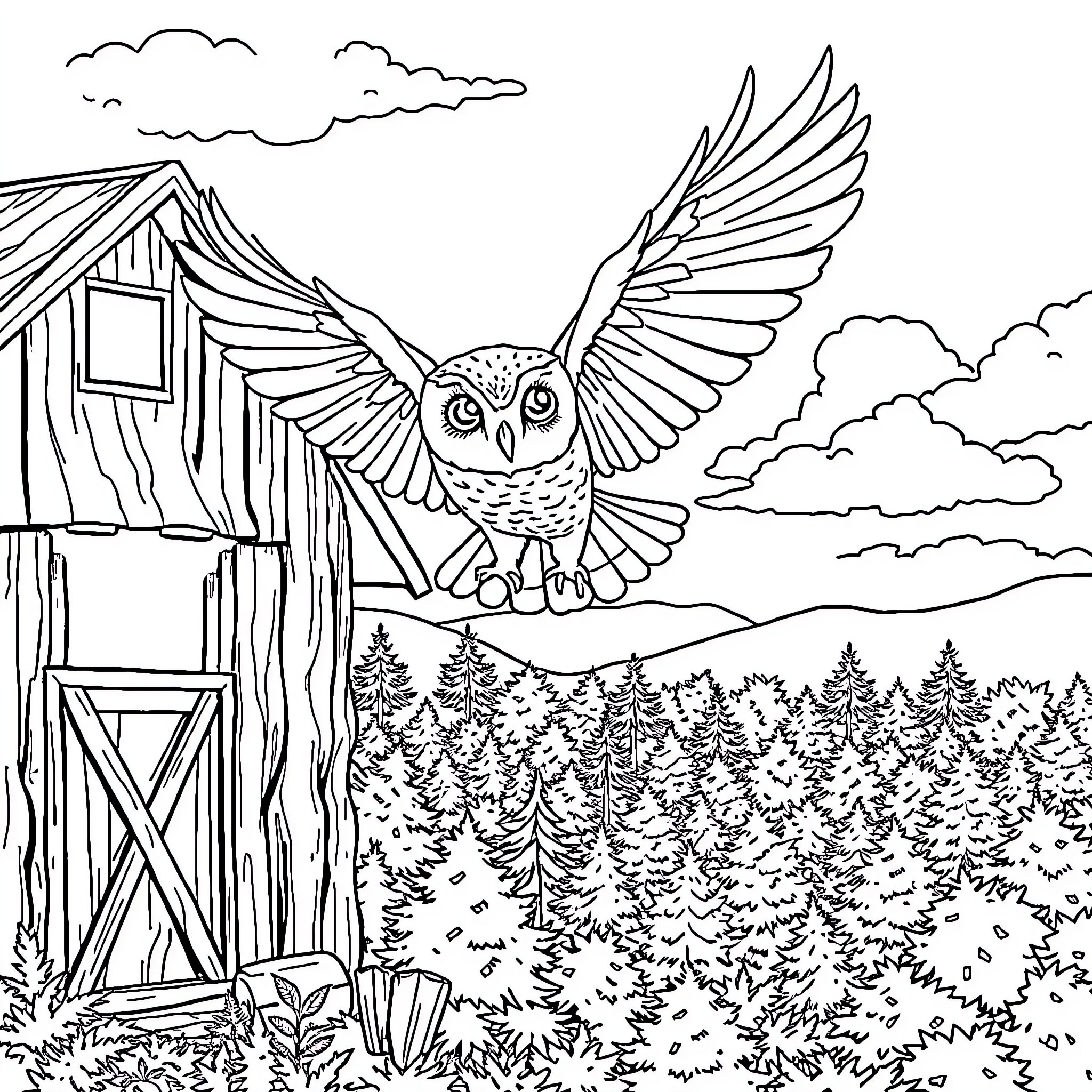 Owl soaring over a wooded landscape Coloring Page (free black-and-white line drawing printable PDF for all, from beginners to advanced learners, including children, teens, adults, and seniors)