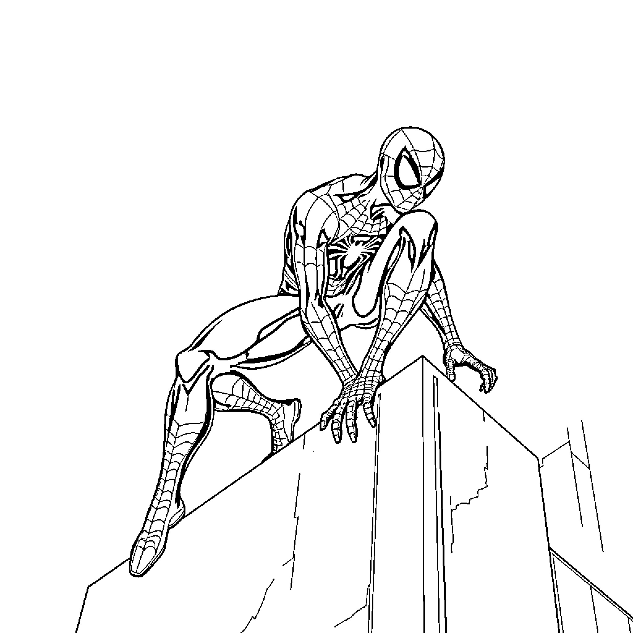 Spiderman perching atop a skyscraper Coloring Page (free black-and-white line drawing printable PDF for all, from beginners to advanced learners, including children, teens, adults, and seniors)