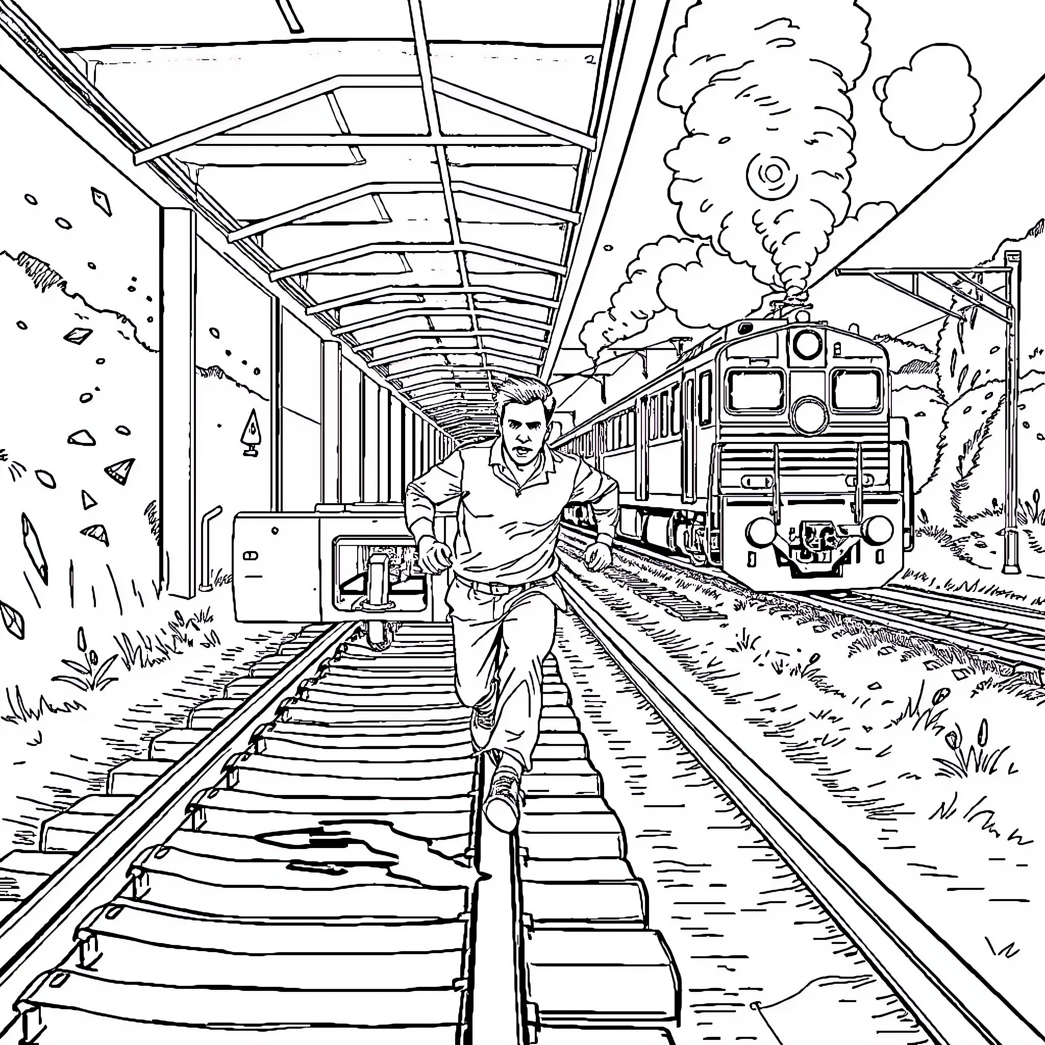 Man running on railway track with approaching train Coloring Page (free black-and-white line drawing printable PDF for all, from beginners to advanced learners, including children, teens, adults, and seniors)