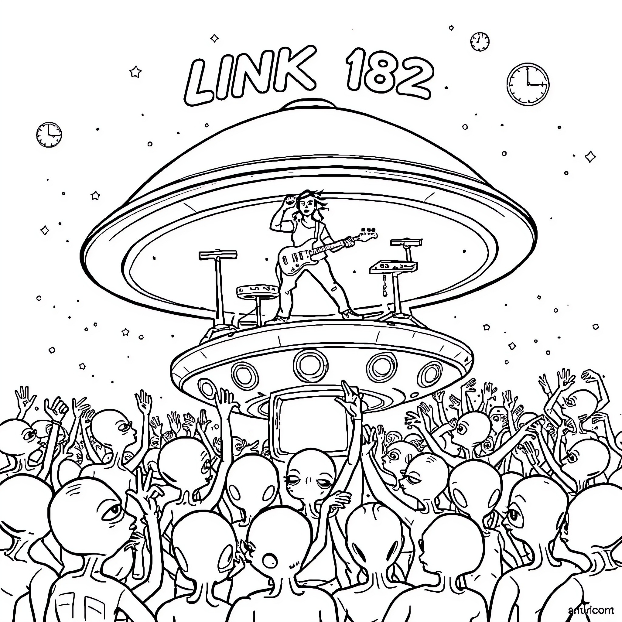 Blink 182 performing for alien crowd on UFO stage Coloring Page (free black-and-white line drawing printable PDF for all, from beginners to advanced learners, including children, teens, adults, and seniors)