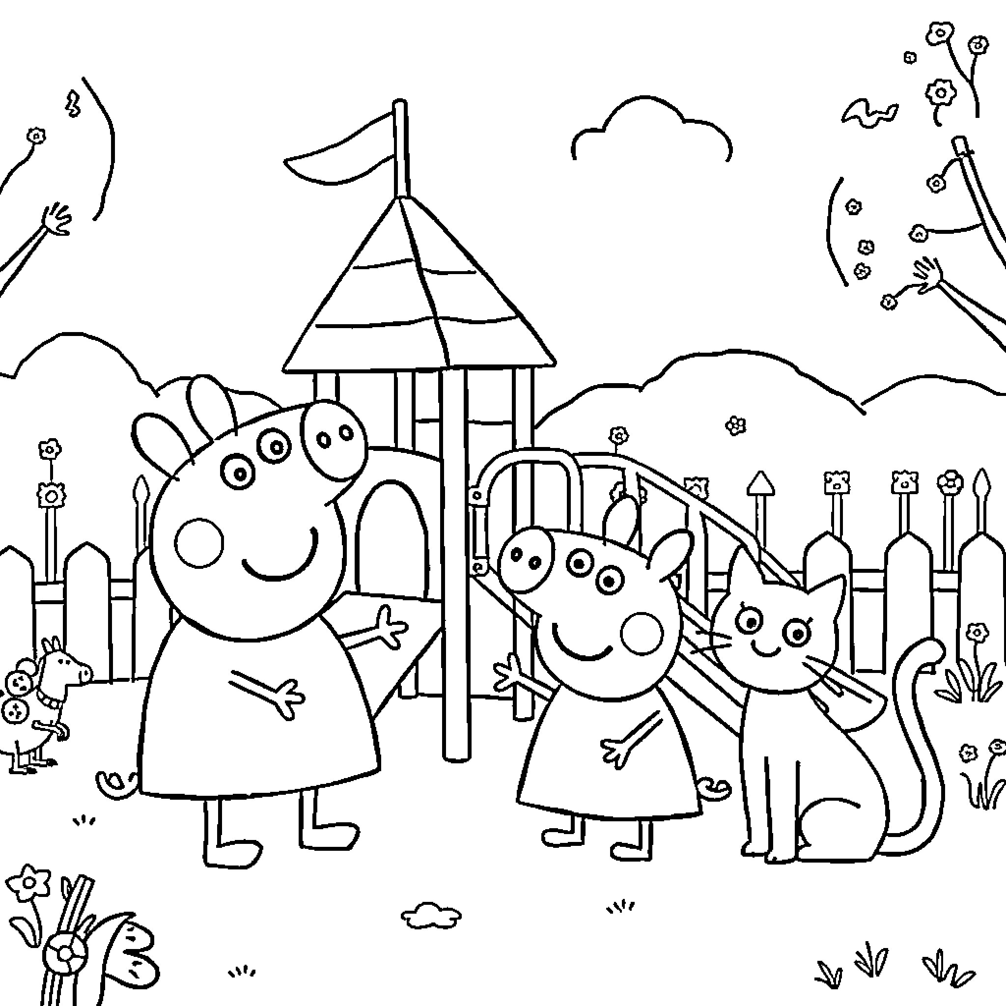 Peppa Pig and friends at the playground Coloring Page (free black-and-white line drawing printable PDF for all, from beginners to advanced learners, including children, teens, adults, and seniors)