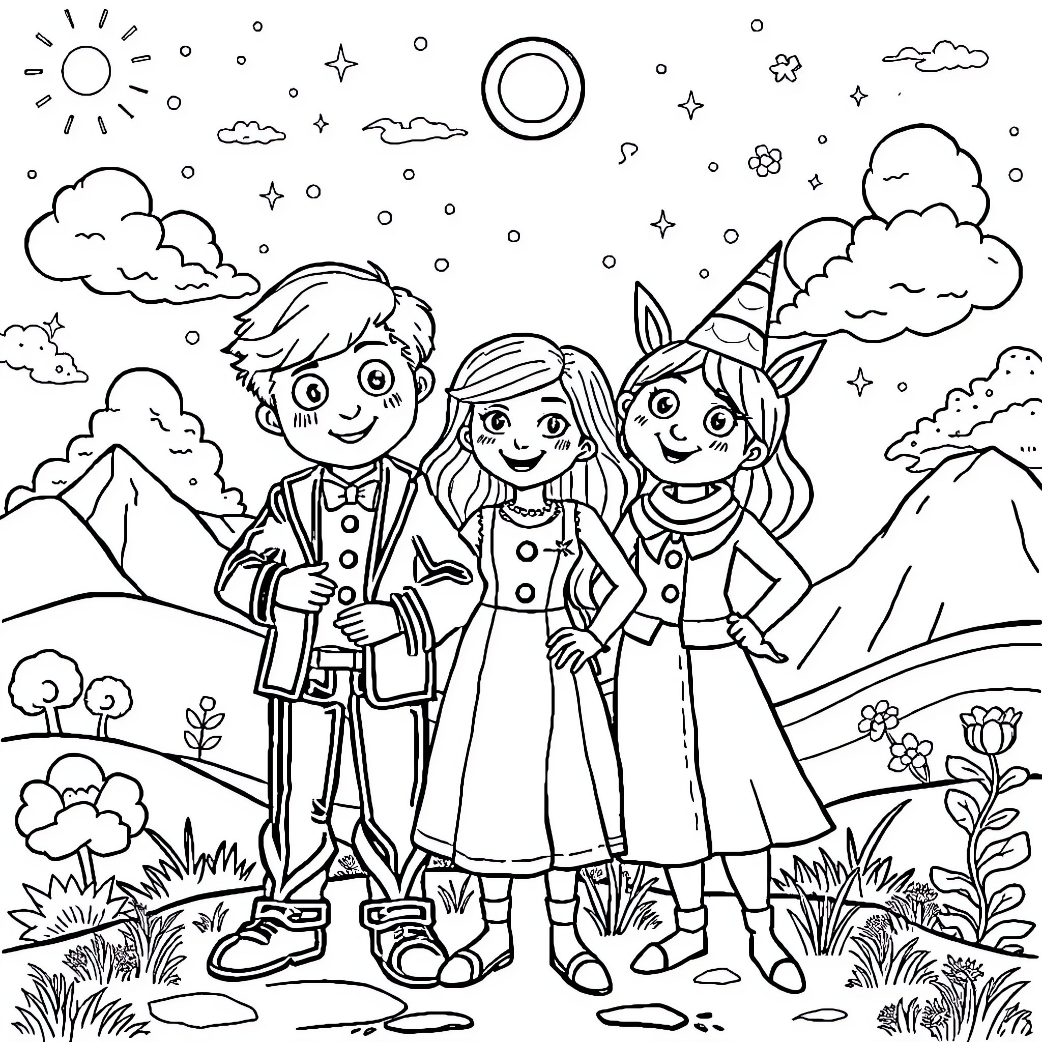 Ms. Who's fun adventure with friends in the countryside Coloring Page (free black-and-white line drawing printable PDF for all, from beginners to advanced learners, including children, teens, adults, and seniors)