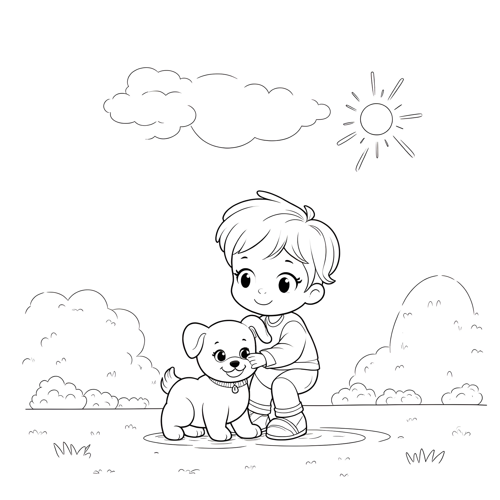 Child playing happily with puppy in the park Coloring Page (free black-and-white line drawing printable PDF for all, from beginners to advanced learners, including children, teens, adults, and seniors)