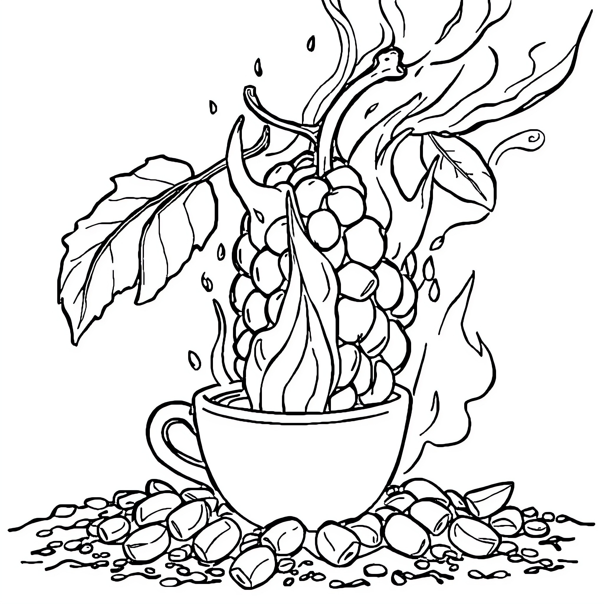 Grano de Café: Steaming Cup of Coffee with Grape Vines Coloring Page (free black-and-white line drawing printable PDF for all, from beginners to advanced learners, including children, teens, adults, and seniors)