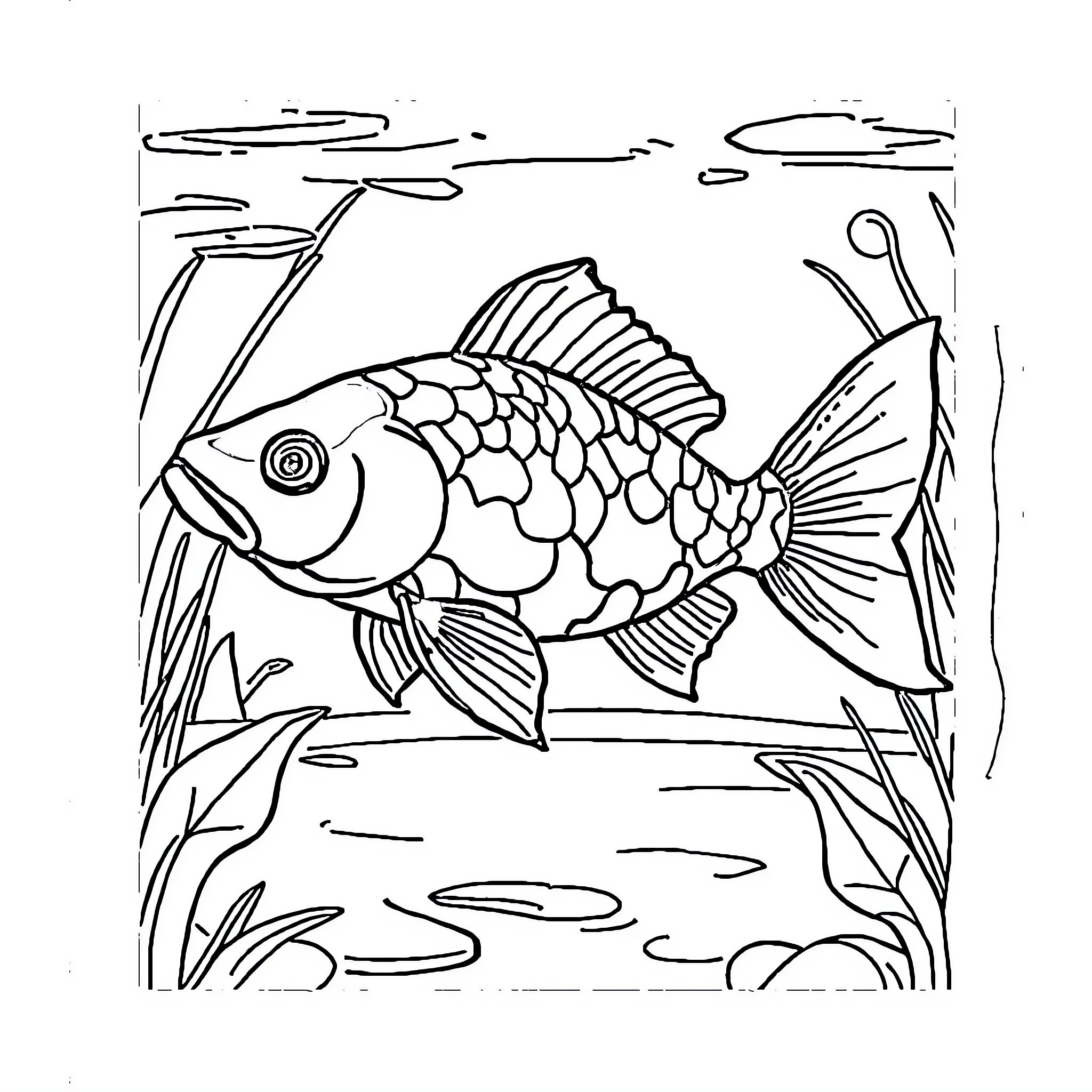 Fish swimming in underwater scene Coloring Page (free black-and-white line drawing printable PDF for all, from beginners to advanced learners, including children, teens, adults, and seniors)