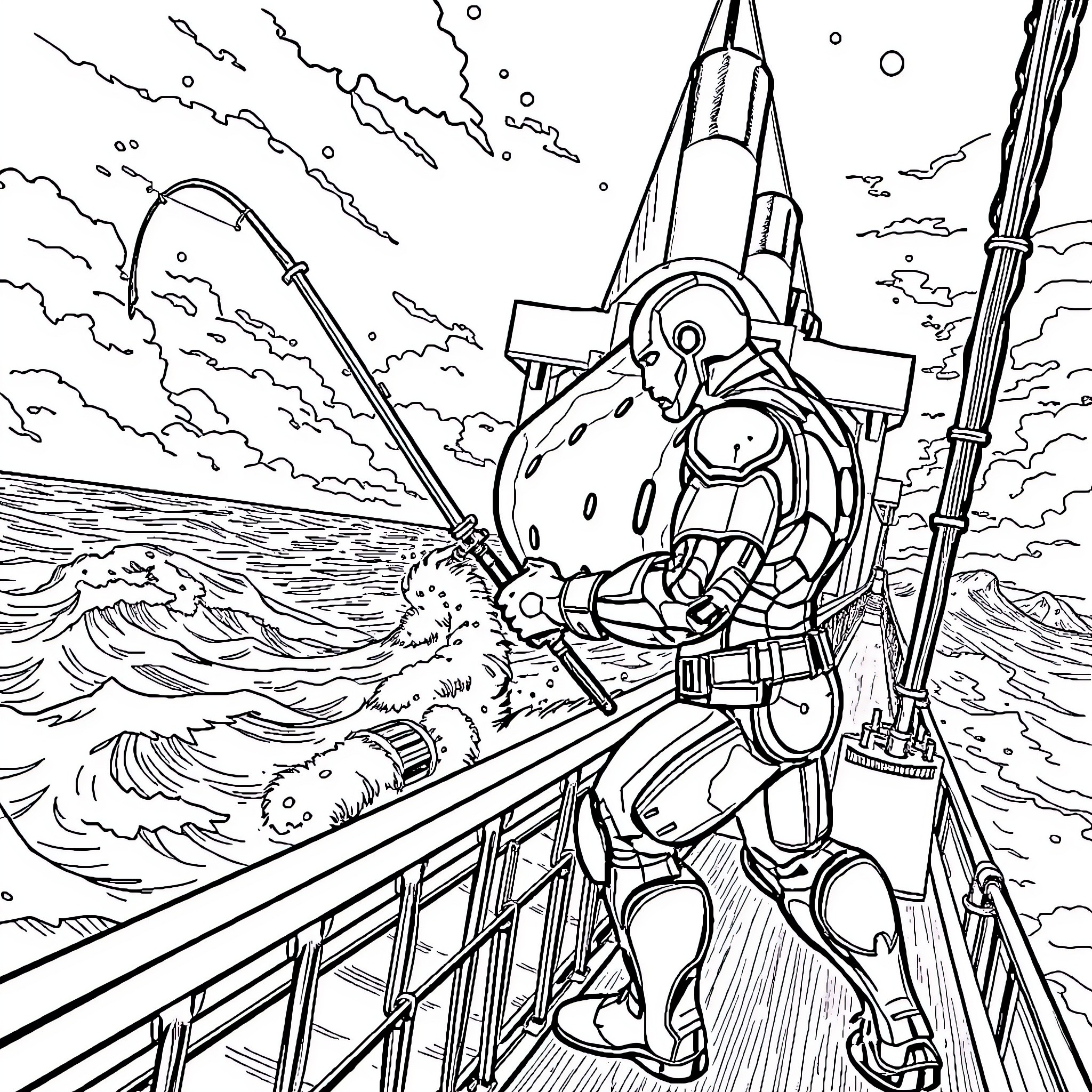 Ironman battling through a stormy sea Coloring Page (free black-and-white line drawing printable PDF for all, from beginners to advanced learners, including children, teens, adults, and seniors)