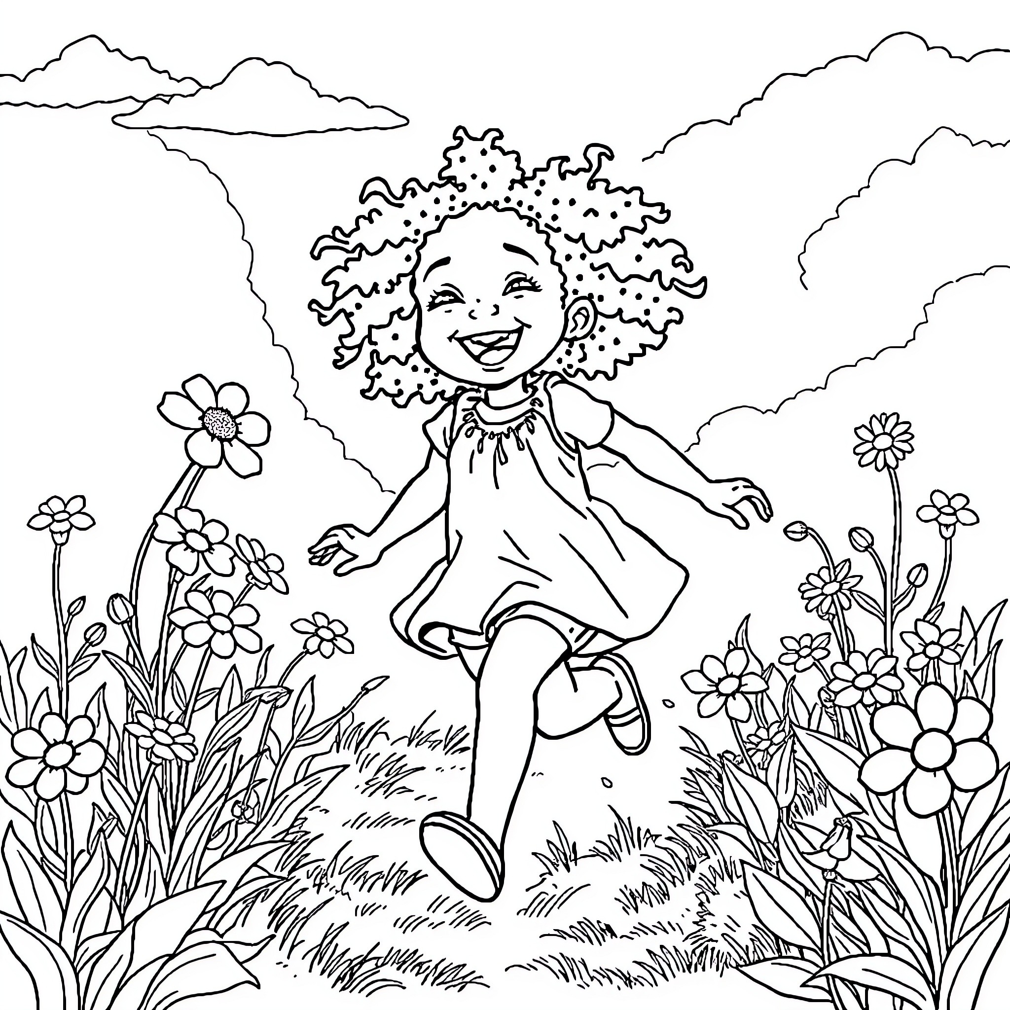 Girl happily playing in a flower garden Coloring Page (free black-and-white line drawing printable PDF for all, from beginners to advanced learners, including children, teens, adults, and seniors)