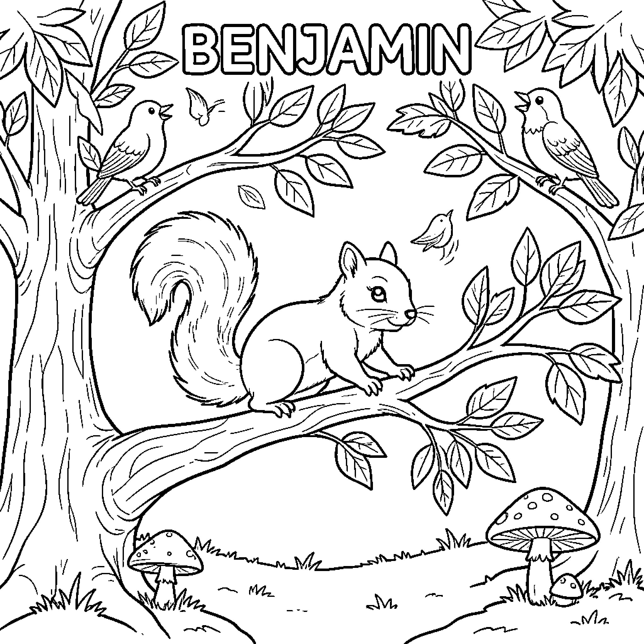 Squirrel sitting on a tree branch surrounded by birds Coloring Page (free black-and-white line drawing printable PDF for all, from beginners to advanced learners, including children, teens, adults, and seniors)
