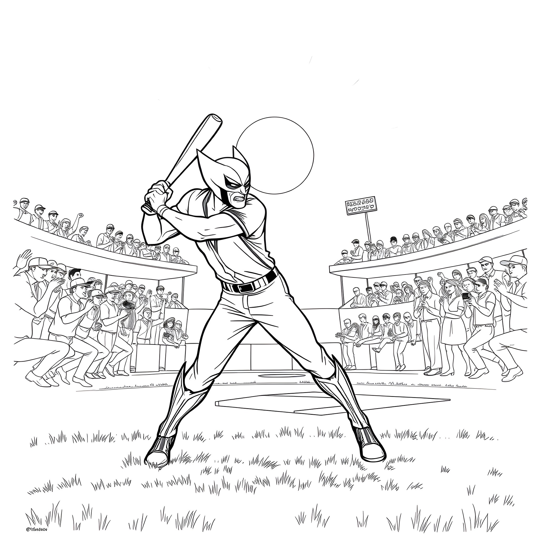 Wolverine batting during a baseball game Coloring Page (free black-and-white line drawing printable PDF for all, from beginners to advanced learners, including children, teens, adults, and seniors)
