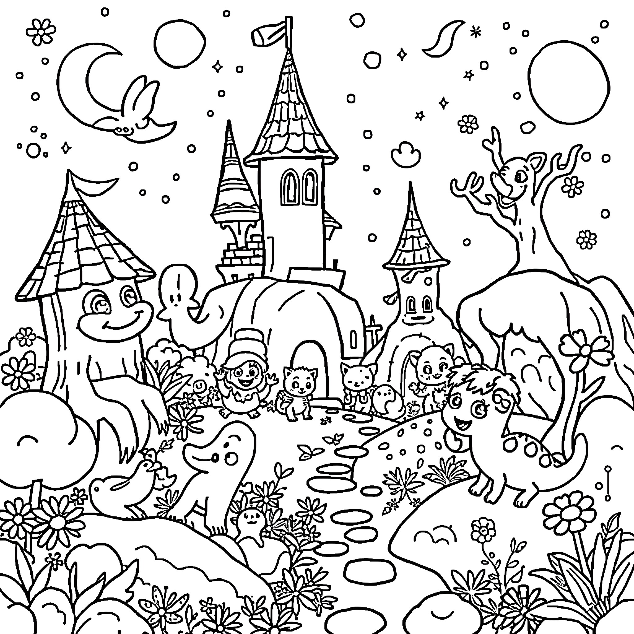 Dandy Creatures Exploring Fantastical Landscape Coloring Page (free black-and-white line drawing printable PDF for all, from beginners to advanced learners, including children, teens, adults, and seniors)