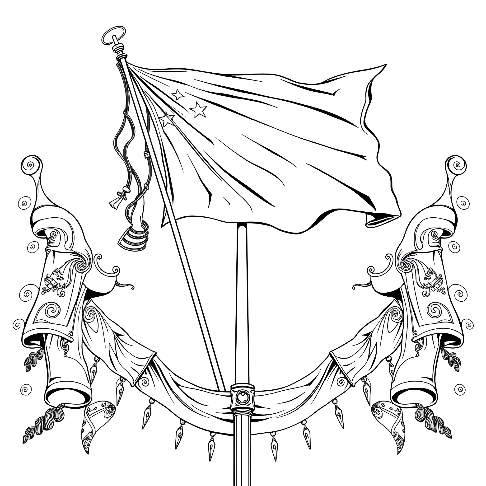 Flag proudly waving with ornamental scrolls and stars Coloring Page (free black-and-white line drawing printable PDF for all, from beginners to advanced learners, including children, teens, adults, and seniors)