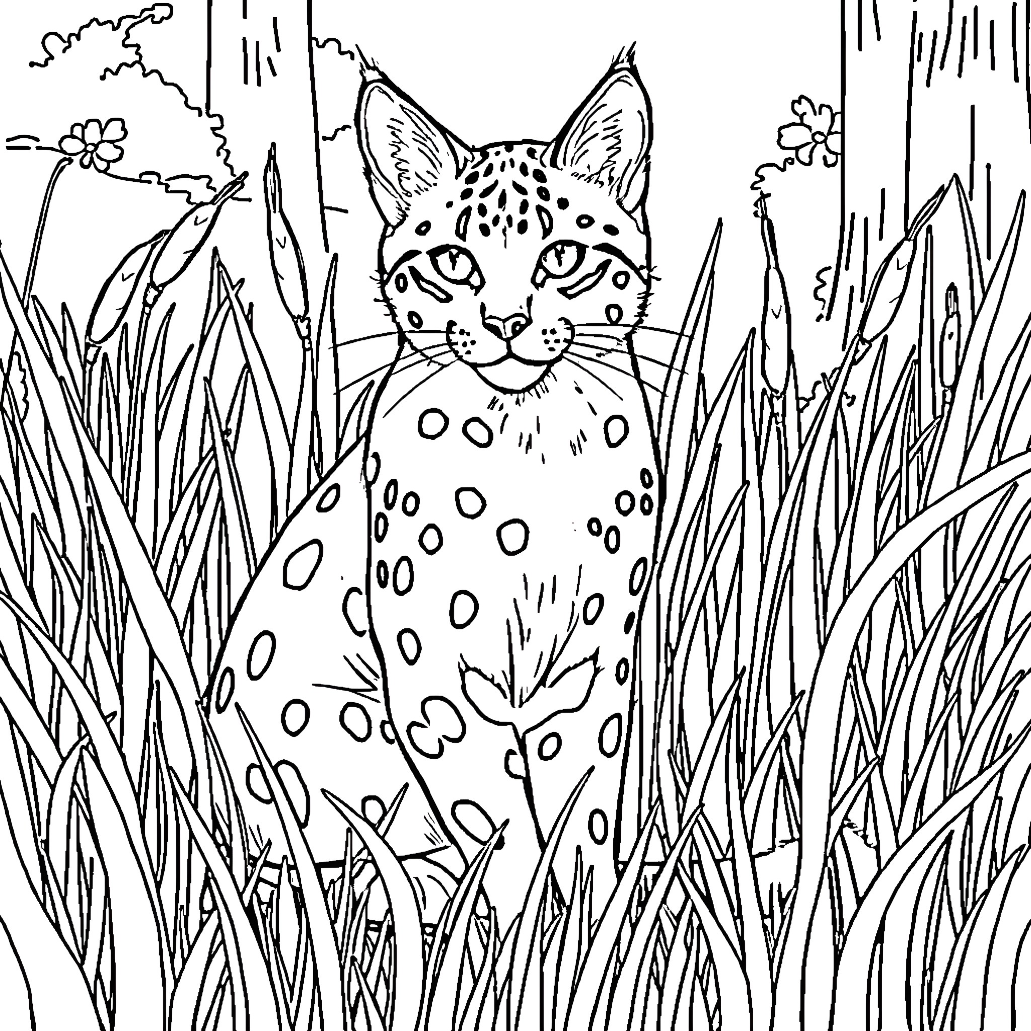 Spottedleaf's Enchanting Woodland Encounter Coloring Page (free black-and-white line drawing printable PDF for all, from beginners to advanced learners, including children, teens, adults, and seniors)