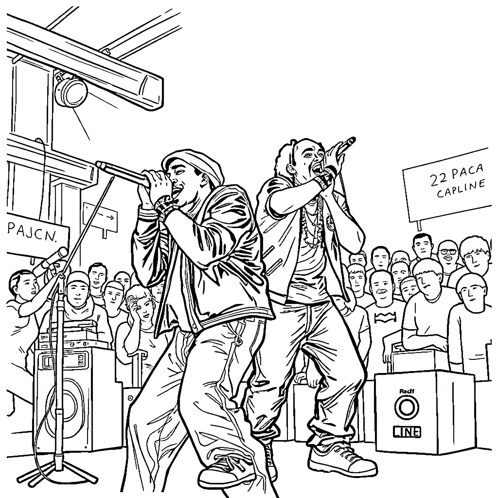 2pac performing on stage with crowd Coloring Page (free black-and-white line drawing printable PDF for all, from beginners to advanced learners, including children, teens, adults, and seniors)
