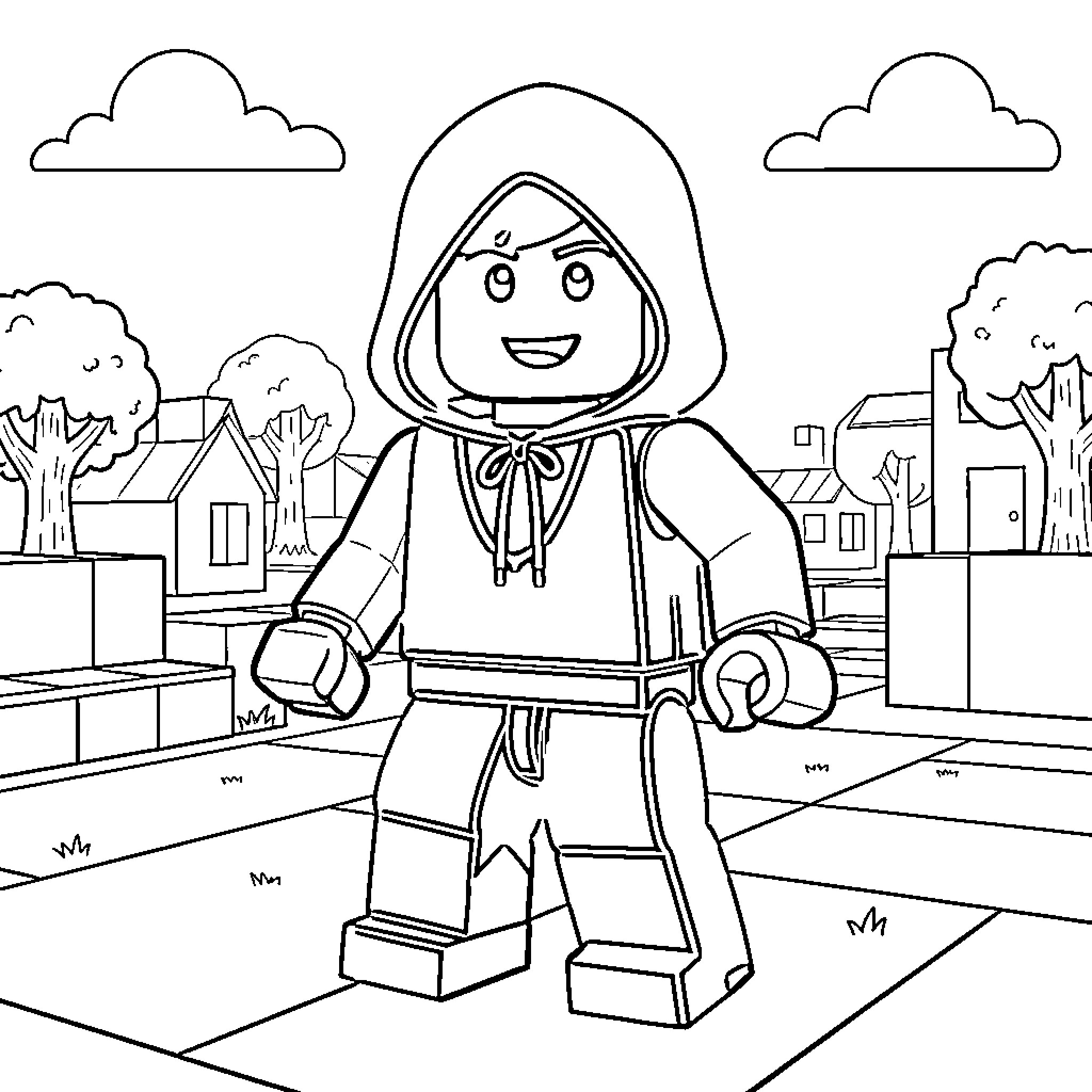Assassina in a Lego-style World Coloring Page (free black-and-white line drawing printable PDF for all, from beginners to advanced learners, including children, teens, adults, and seniors)