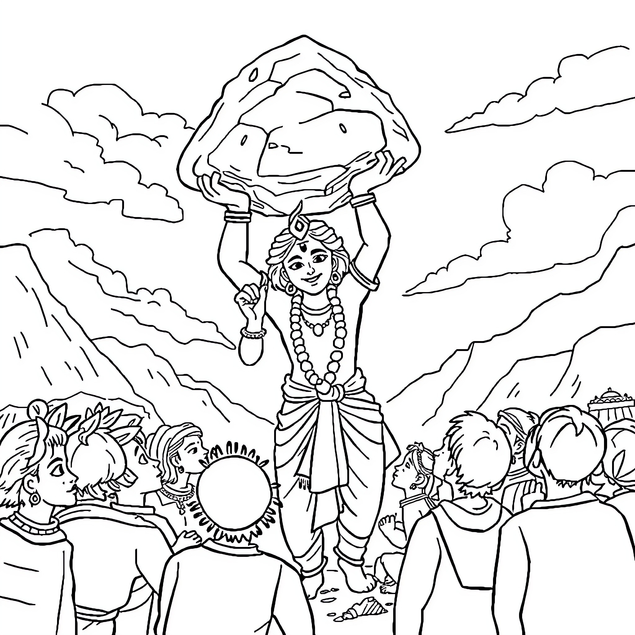 Krishna lifting Govardhan hill to shelter devotees Coloring Page (free black-and-white line drawing printable PDF for all, from beginners to advanced learners, including children, teens, adults, and seniors)