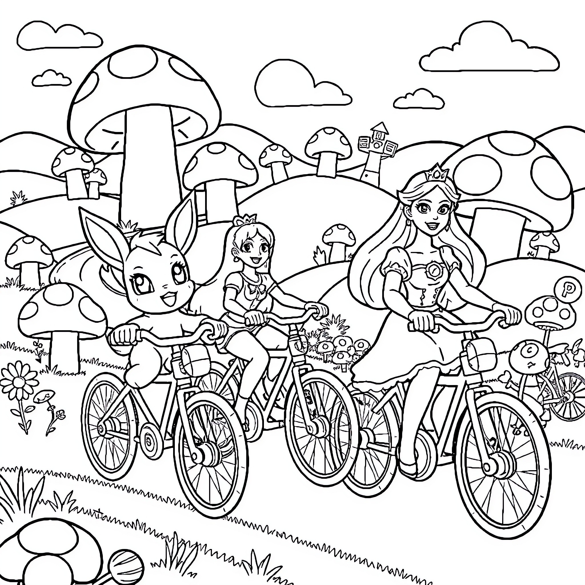 Eevee's Enchanted Bicycle Ride with Friends Coloring Page (free black-and-white line drawing printable PDF for all, from beginners to advanced learners, including children, teens, adults, and seniors)