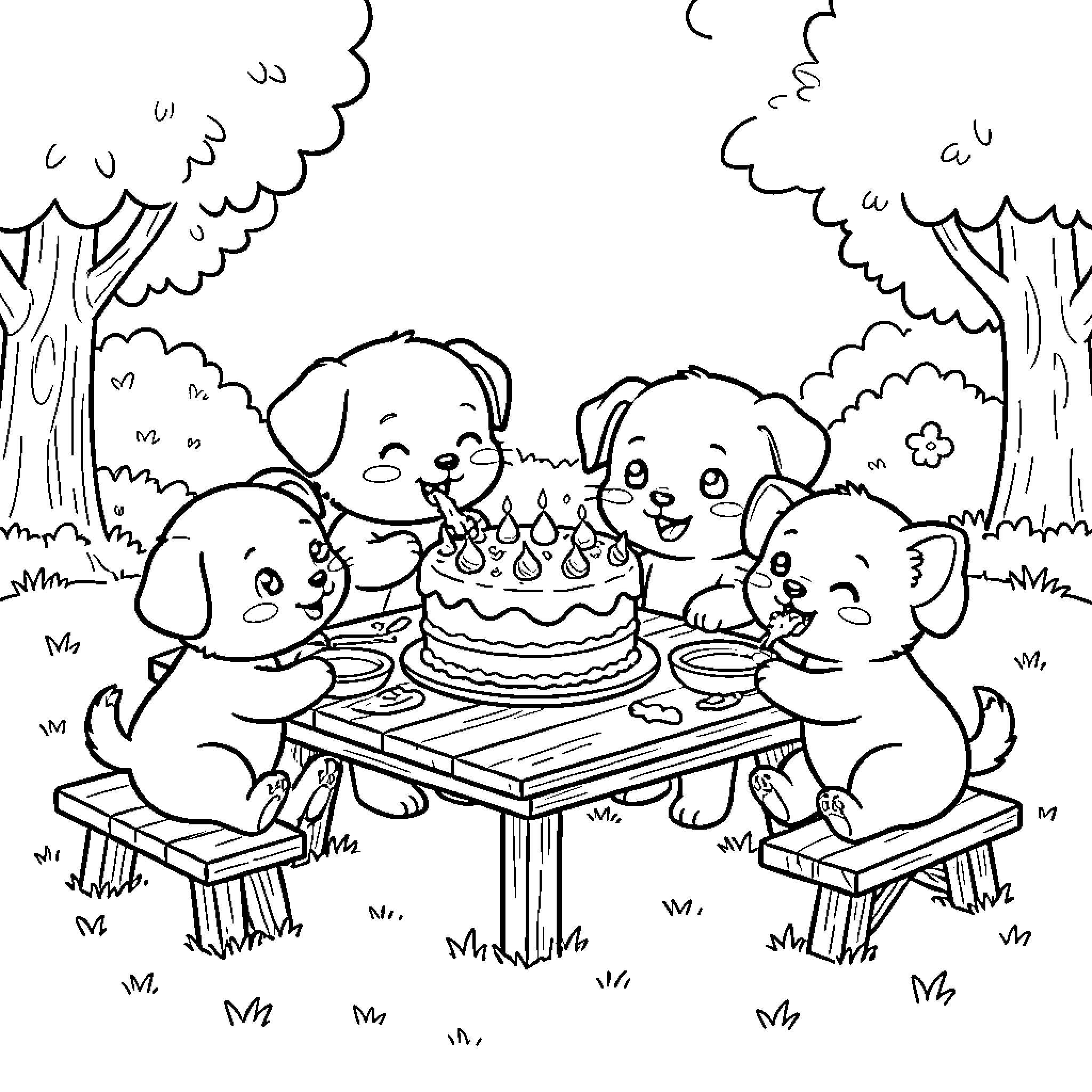 Baby Animals Enjoying a Birthday Party in the Forest Coloring Page (free black-and-white line drawing printable PDF for all, from beginners to advanced learners, including children, teens, adults, and seniors)