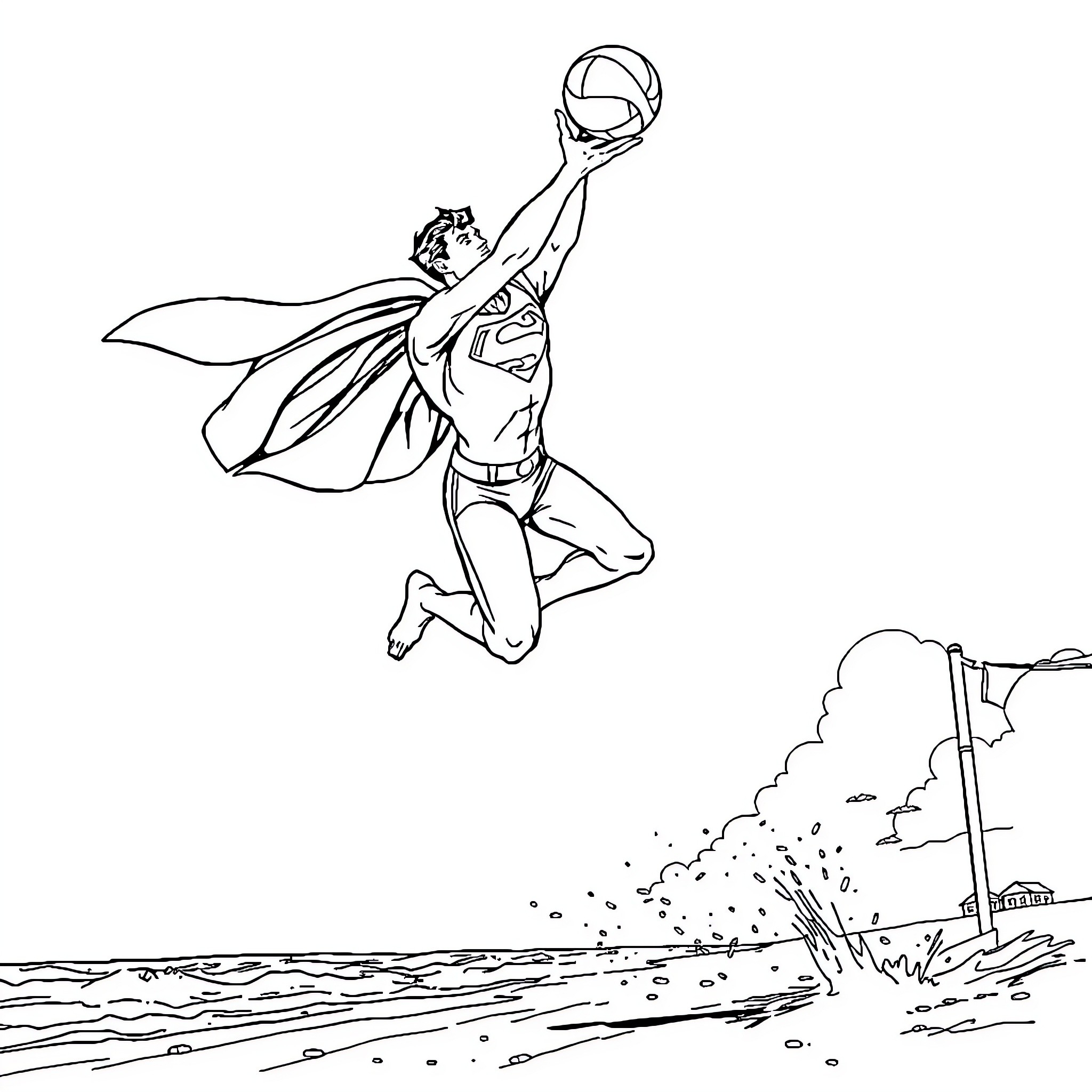Superman soaring heroically in the sky Coloring Page (free black-and-white line drawing printable PDF for all, from beginners to advanced learners, including children, teens, adults, and seniors)