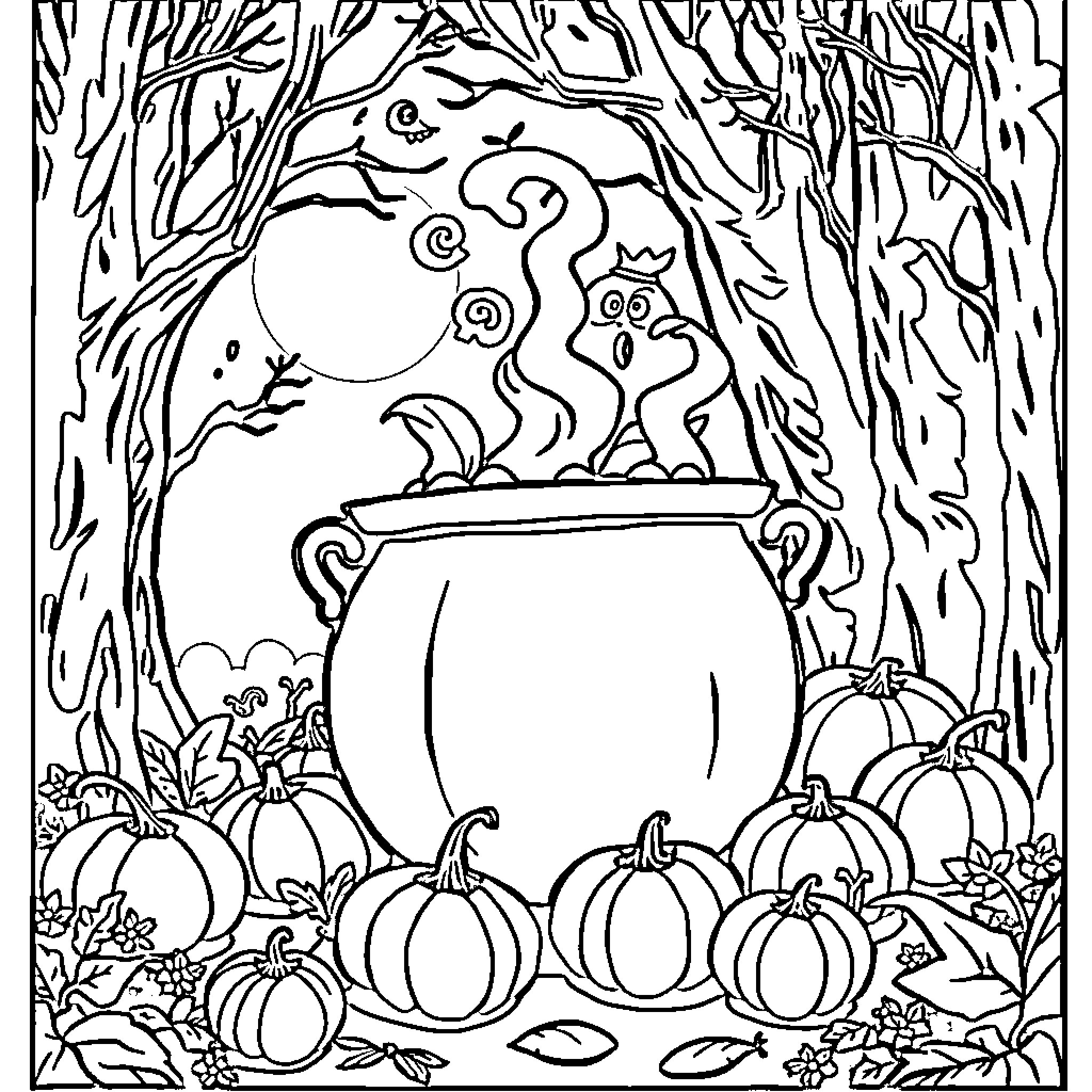 Cauldron of Spooks and Pumpkins in the Enchanted Forest Coloring Page (free black-and-white line drawing printable PDF for all, from beginners to advanced learners, including children, teens, adults, and seniors)